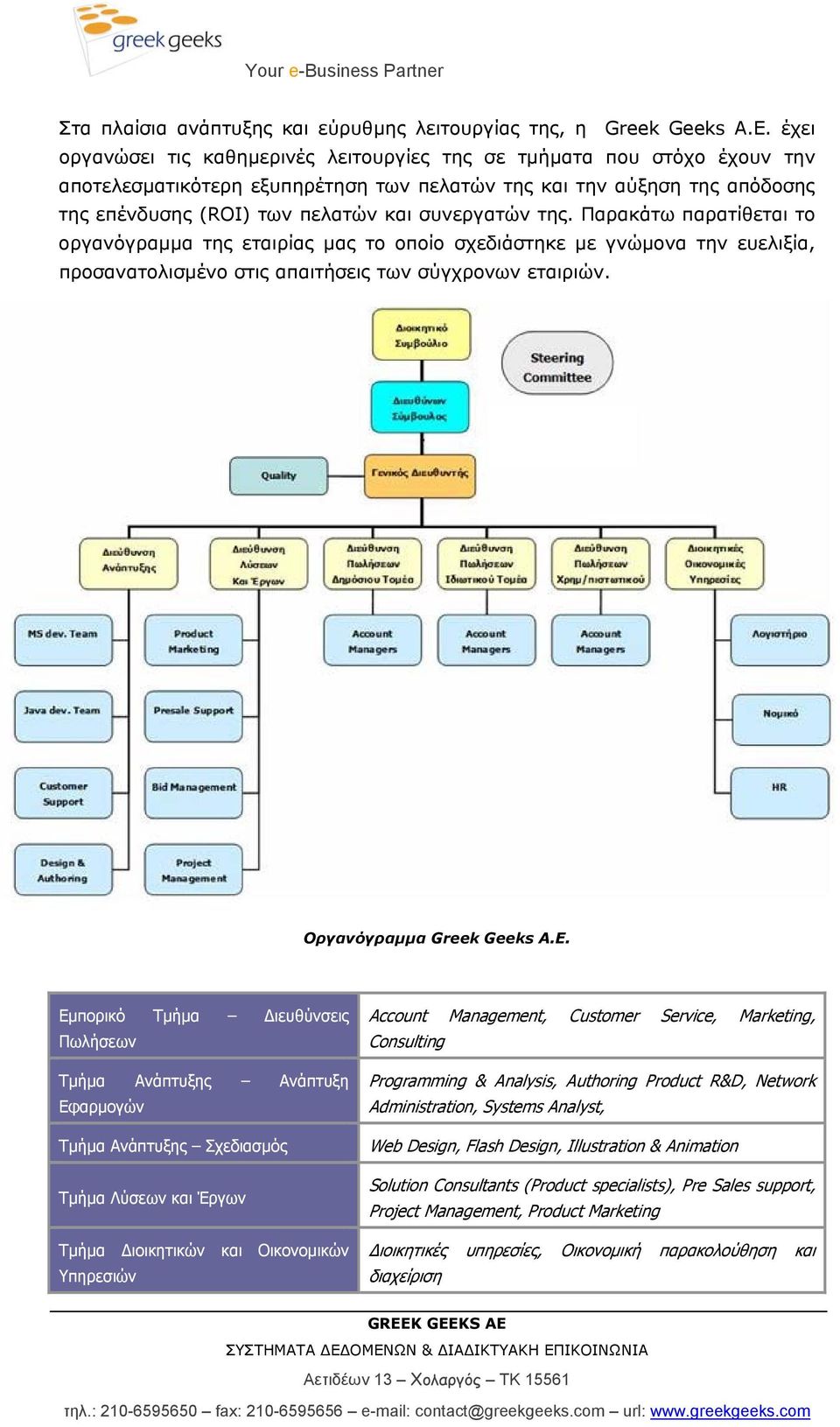 της. Παρακάτω παρατίθεται το οργανόγραµµα της εταιρίας µας το οποίο σχεδιάστηκε µε γνώµονα την ευελιξία, προσανατολισµένο στις απαιτήσεις των σύγχρονων εταιριών. Οργανόγραµµα Greek Geeks Α.Ε.