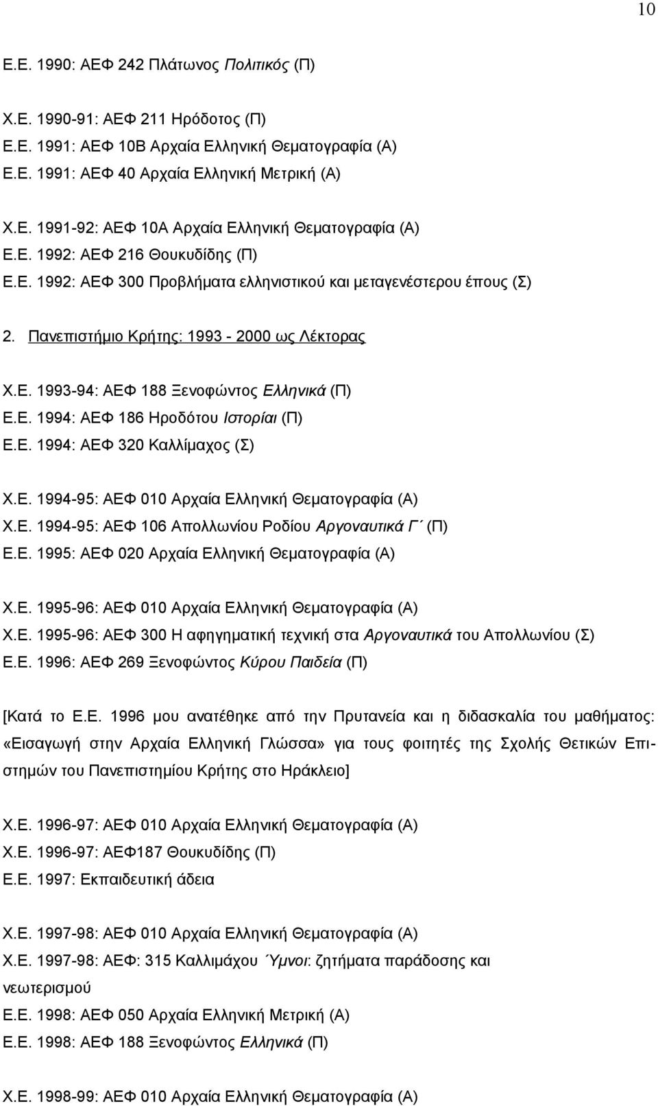 Ε. 1994: ΑΕΦ 320 Καλλίμαχος (Σ) Χ.Ε. 1994-95: ΑΕΦ 010 Αρχαία Ελληνική Θεματογραφία (Α) Χ.Ε. 1994-95: ΑΕΦ 106 Απολλωνίου Ροδίου Αργοναυτικά Γ (Π) Ε.Ε. 1995: ΑΕΦ 020 Αρχαία Ελληνική Θεματογραφία (Α) Χ.