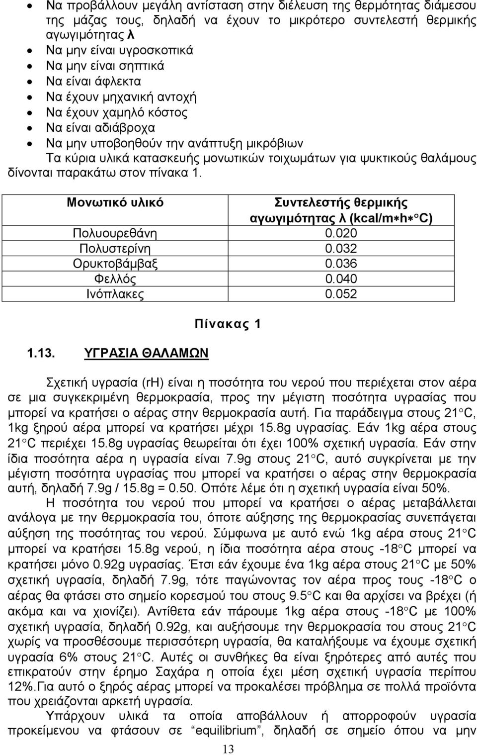 δίνονται παρακάτω στον πίνακα 1. Μονωτικό υλικό Συντελεστής θερµικής αγωγιµότητας λ (kcal/m h C) Πολυουρεθάνη 0.020 Πολυστερίνη 0.032 Ορυκτοβάµβαξ 0.036 Φελλός 0.040 Ινόπλακες 0.052 1.13.