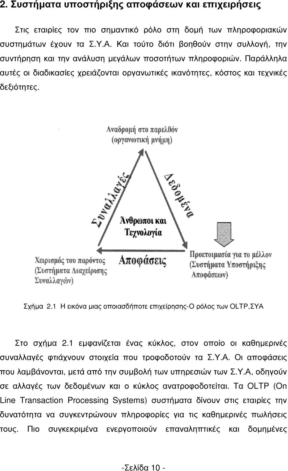 Σχήµα 2.1 Η εικόνα µιας οποιασδήποτε επιχείρησης-ο ρόλος των OLTP,ΣΥΑ Στο σχήµα 2.1 εµφανίζεται ένας κύκλος, στον οποίο οι καθηµερινές συναλλαγές φτιάχνουν στοιχεία που τροφοδοτούν τα Σ.Υ.Α. Οι αποφάσεις που λαµβάνονται, µετά από την συµβολή των υπηρεσιών των Σ.