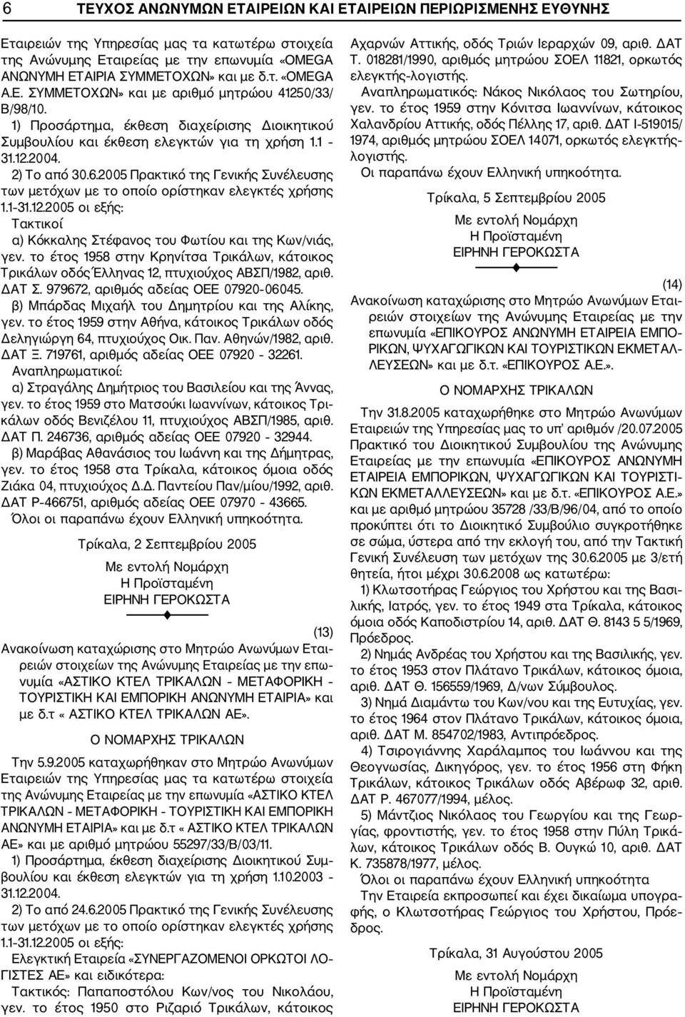 το έτος 1958 στην Κρηνίτσα Τρικάλων, κάτοικος Τρικάλων οδός Έλληνας 12, πτυχιούχος ΑBΣΠ/1982, αριθ. ΔAT Σ. 979672, αριθμός αδείας ΟΕΕ 07920 06045. β) Μπάρδας Μιχαήλ του Δημητρίου και της Αλίκης, γεν.