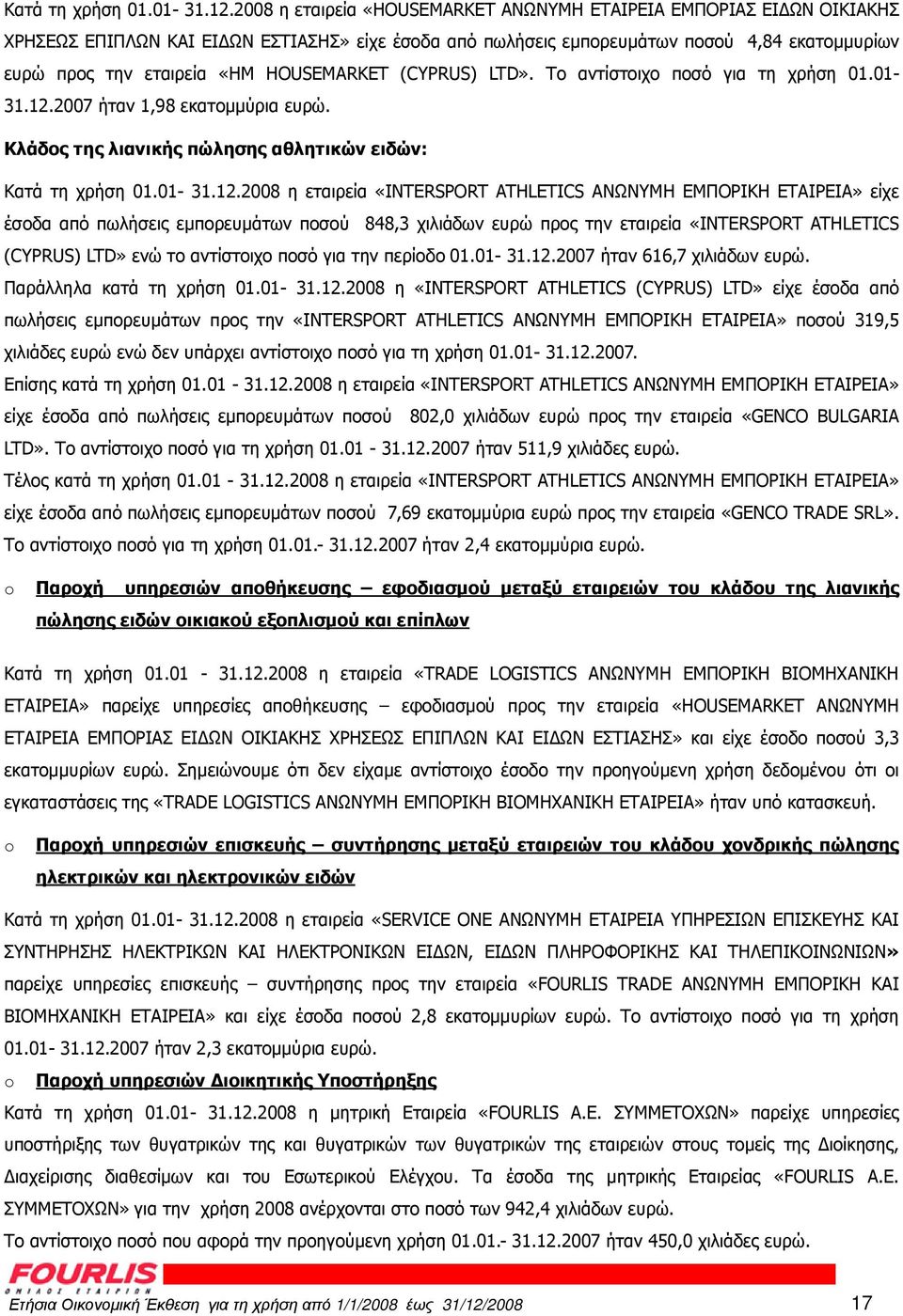 HOUSEMARKET (CYPRUS) LTD». Το αντίστοιχο ποσό για τη χρήση 01.01-31.12.2007 ήταν 1,98 εκατοµµύρια ευρώ.