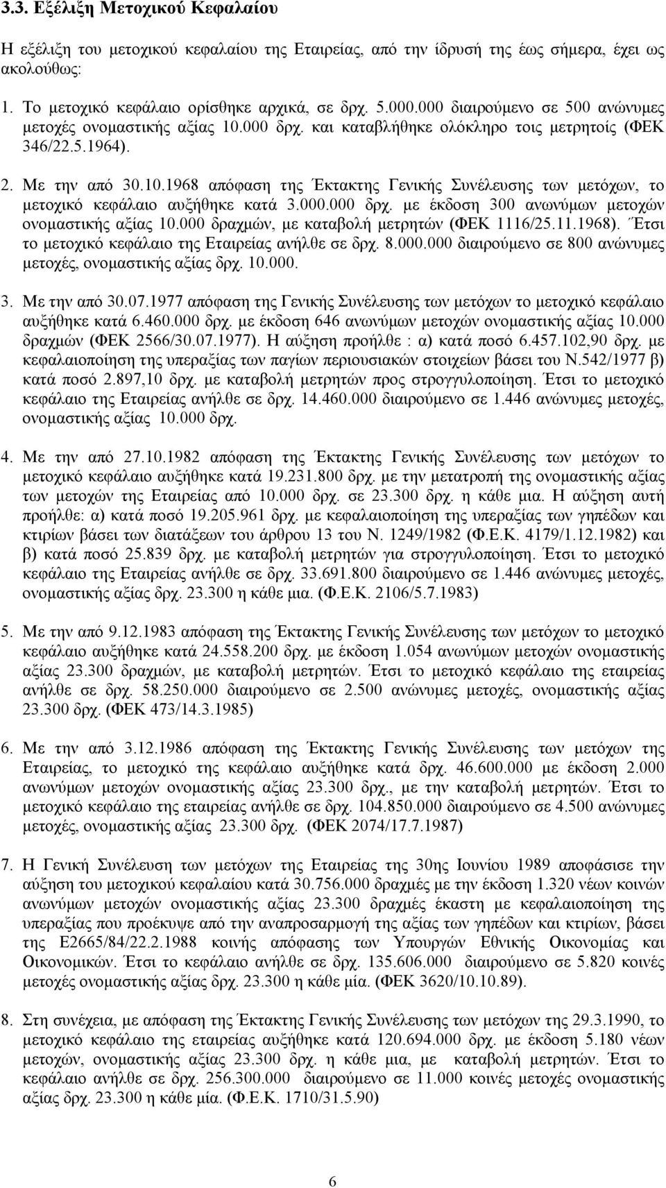 000.000 δρχ. µε έκδοση 300 ανωνύµων µετοχών ονοµαστικής αξίας 10.000 δραχµών, µε καταβολή µετρητών (ΦΕΚ 1116/25.11.1968). Έτσι το µετοχικό κεφάλαιο της Εταιρείας ανήλθε σε δρχ. 8.000.000 διαιρούµενο σε 800 ανώνυµες µετοχές, ονοµαστικής αξίας δρχ.