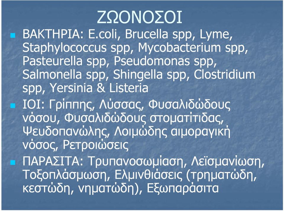 Salmonella spp, Shingella spp, Clostridium spp, Yersinia & Listeria ΙΟΙ: Γρίππης, Λύσσας, Φυσαλιδώδους