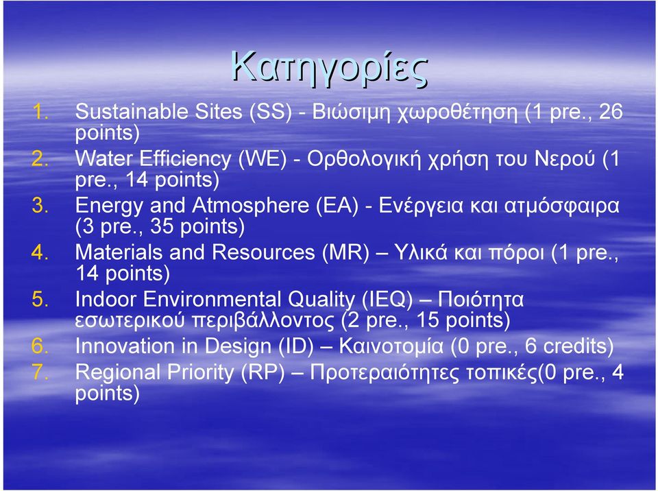 Energy and Atmosphere (ΕΑ) - Ενέργεια και ατμόσφαιρα (3 pre., 35 points) 4. Materials and Resources (MR) Υλικά και πόροι (1 pre.