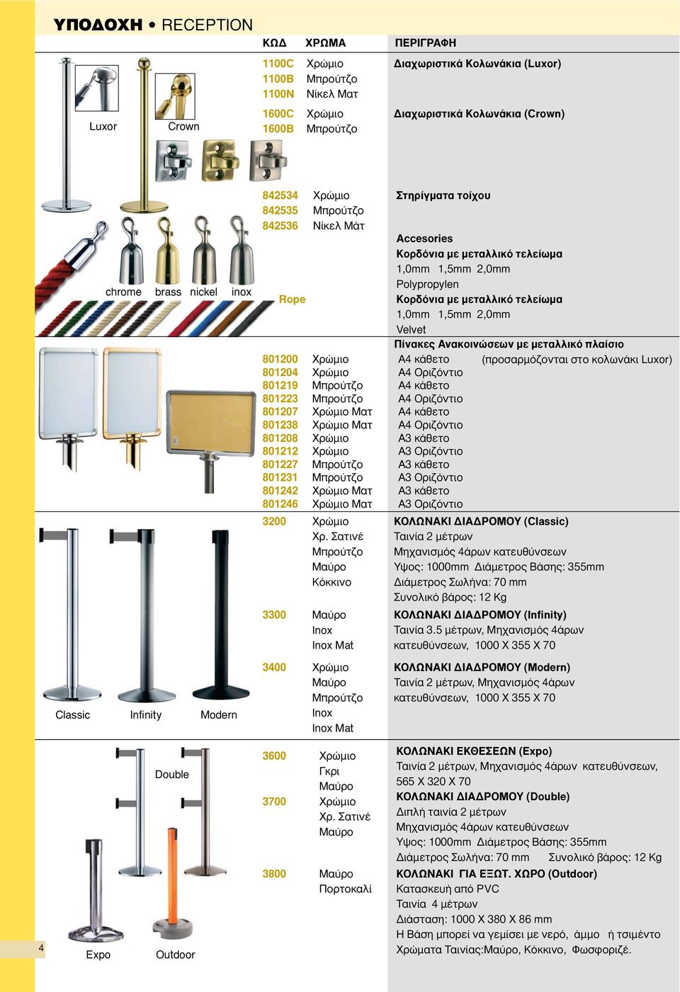 2,0mm Velvet Πίνακες Ανακοινώσεων με μεταλλικό πλαίσιο 801200 Xρώμιο A4 κάθετο (προσαρμόζονται στο κολωνάκι Luxor) 801204 Xρώμιο A4 Oριζόντιο 801219 Μπρούτζο A4 κάθετο 801223 Μπρούτζο A4 Oριζόντιο