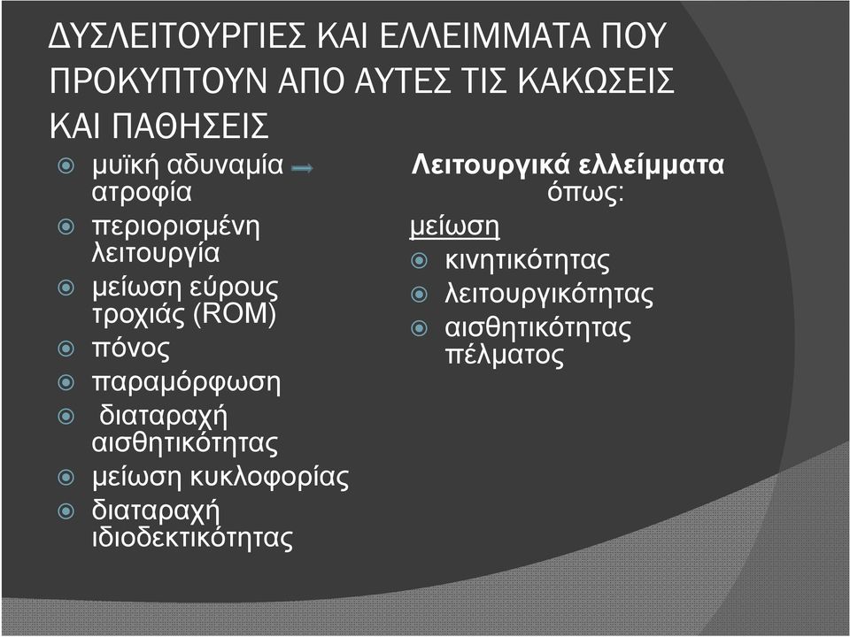 παραμόρφωση διαταραχή αισθητικότητας μείωση κυκλοφορίας διαταραχή ιδιοδεκτικότητας