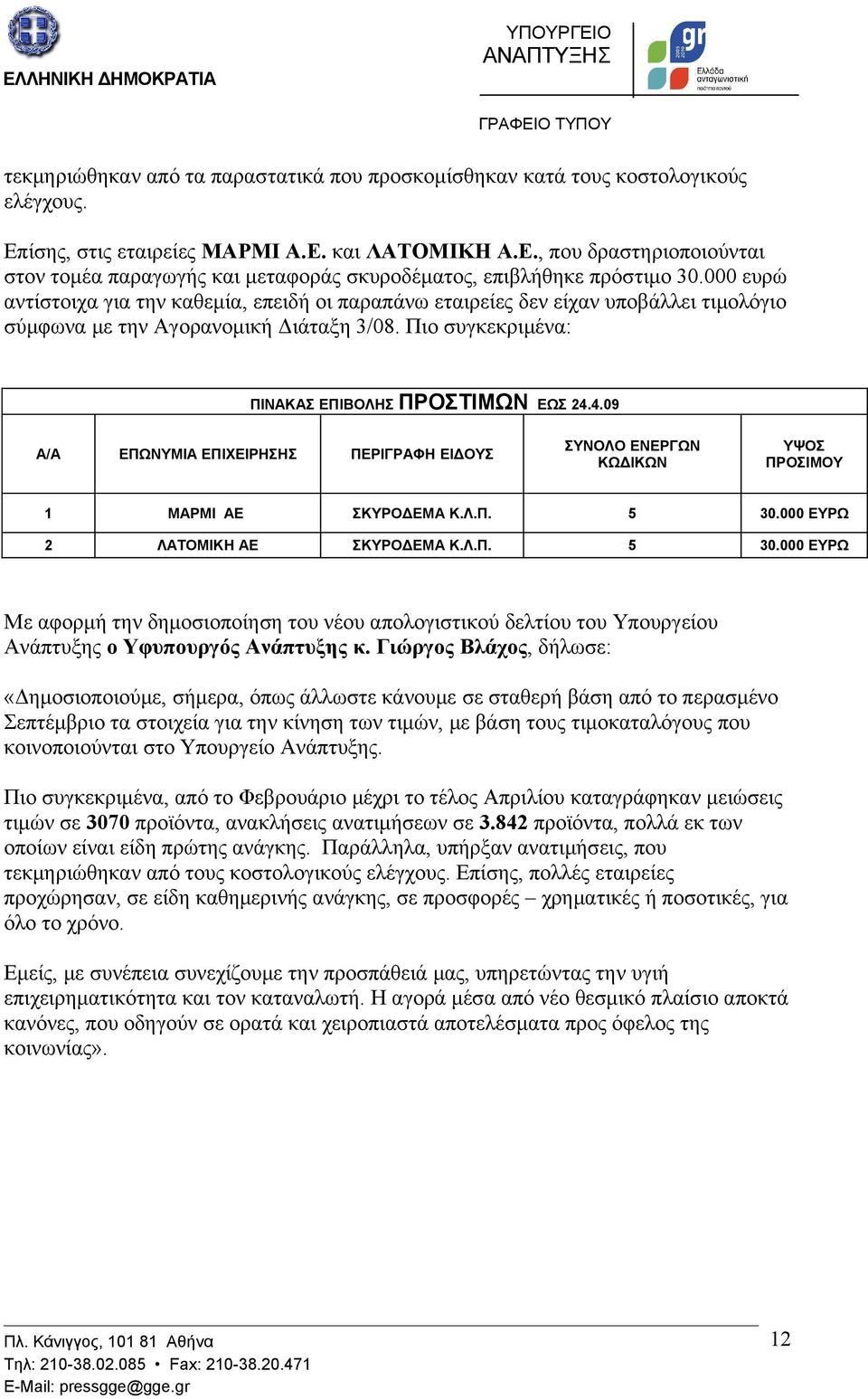 4.09 Α/Α ΕΠΩΝΥΜΙΑ ΕΠΙΧΕΙΡΗΣΗΣ ΠΕΡΙΓΡΑΦΗ ΕΙΔΟΥΣ ΣΥΝΟΛΟ ΕΝΕΡΓΩΝ ΚΩΔΙΚΩΝ ΥΨΟΣ ΠΡΟΣΙΜΟΥ 1 ΜΑΡΜΙ ΑΕ ΣΚΥΡΟΔΕΜΑ Κ.Λ.Π. 5 30.