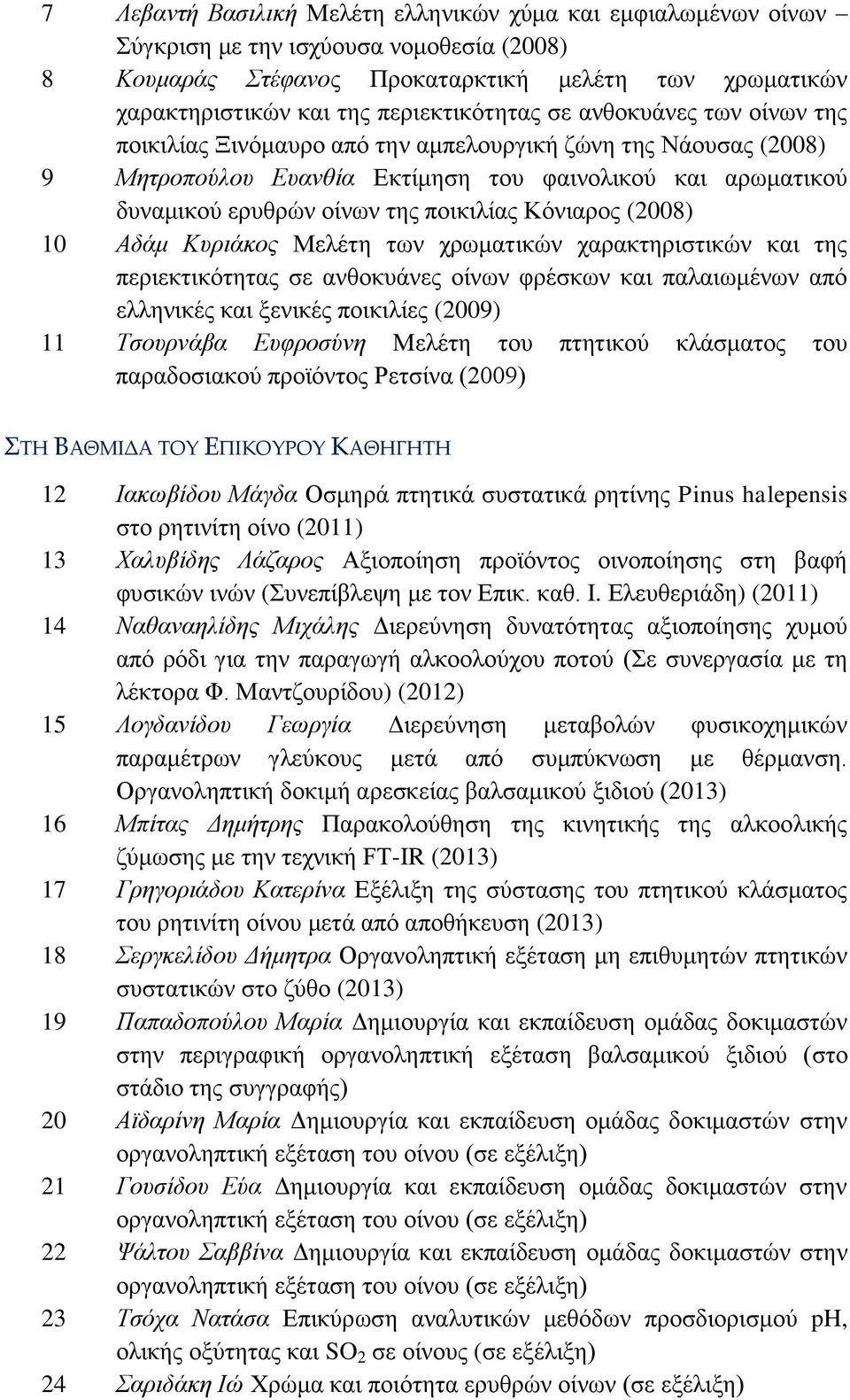 ποικιλίας Κόνιαρος (2008) 10 Αδάμ Κυριάκος Μελέτη των χρωματικών χαρακτηριστικών και της περιεκτικότητας σε ανθοκυάνες οίνων φρέσκων και παλαιωμένων από ελληνικές και ξενικές ποικιλίες (2009) 11