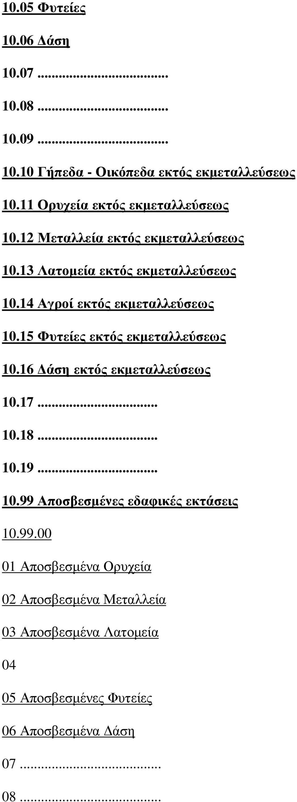 14 Αγροί εκτός εκµεταλλεύσεως 10.15 Φυτείες εκτός εκµεταλλεύσεως 10.16 άση εκτός εκµεταλλεύσεως 10.17... 10.18... 10.19... 10.99 Αποσβεσµένες εδαφικές εκτάσεις 10.