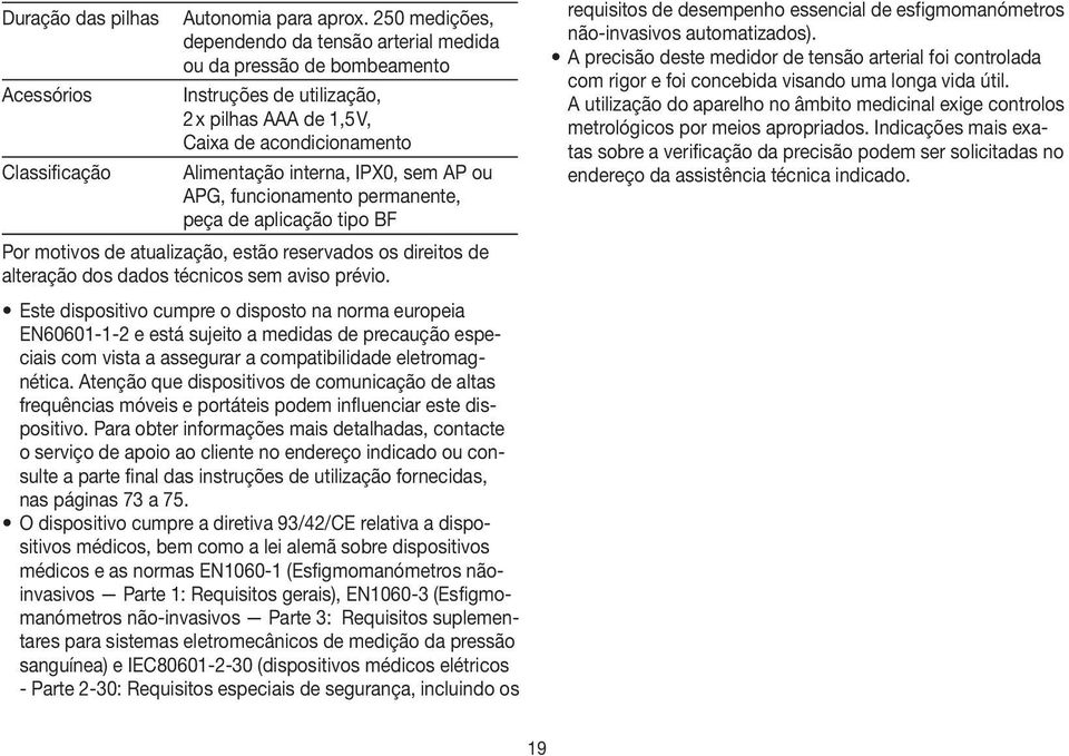 interna, IPX0, sem AP ou APG, funcionamento permanente, peça de aplicação tipo BF Por motivos de atualização, estão reservados os direitos de alteração dos dados técnicos sem aviso prévio.