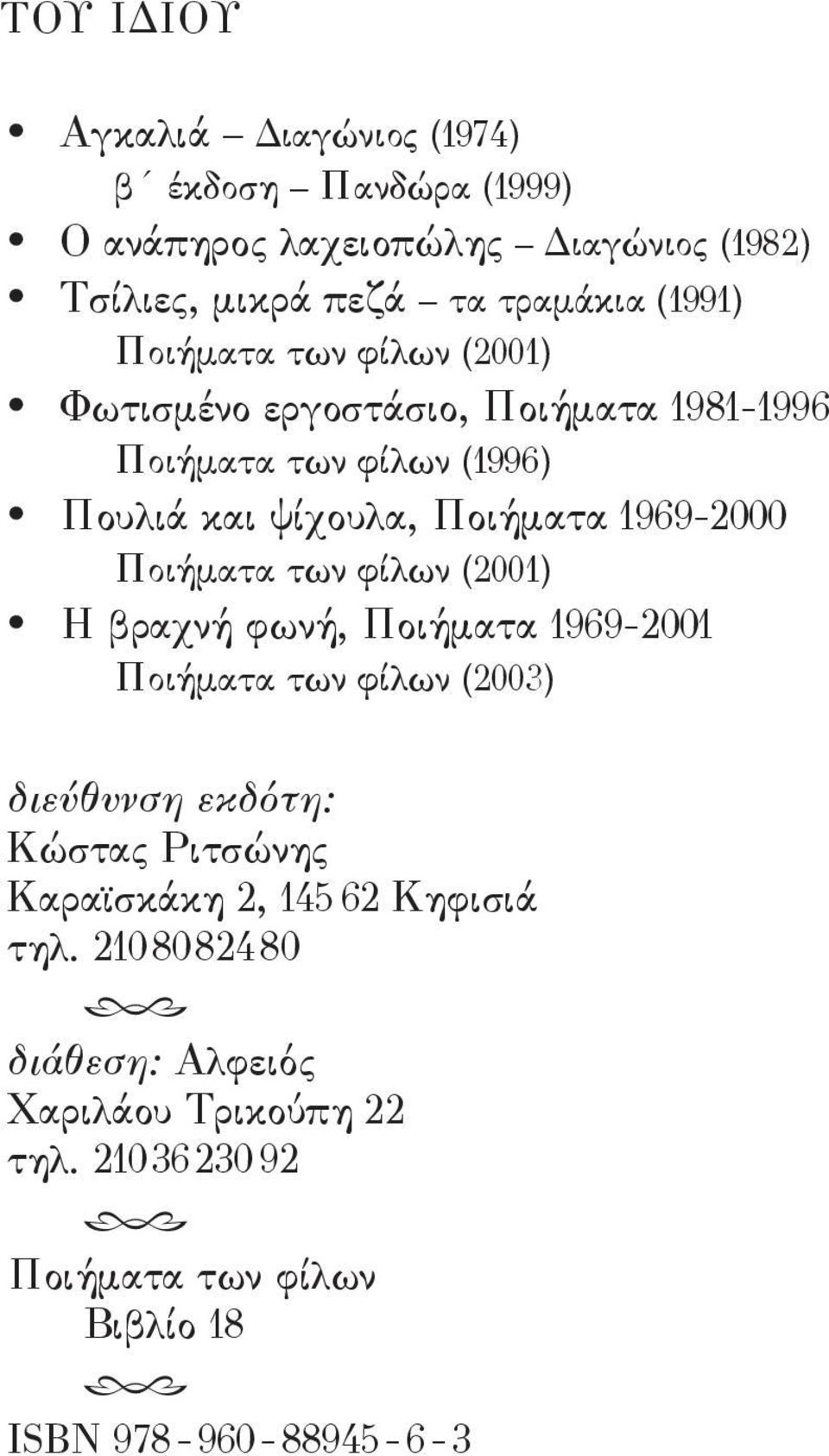 1969-2000 Ποιήματα των φίλων (2001) Η βραχνή φωνή, Ποιήματα 1969-2001 Ποιήματα των φίλων (2003) διεύθυνση εκδότη: Κώστας Ριτσώνης