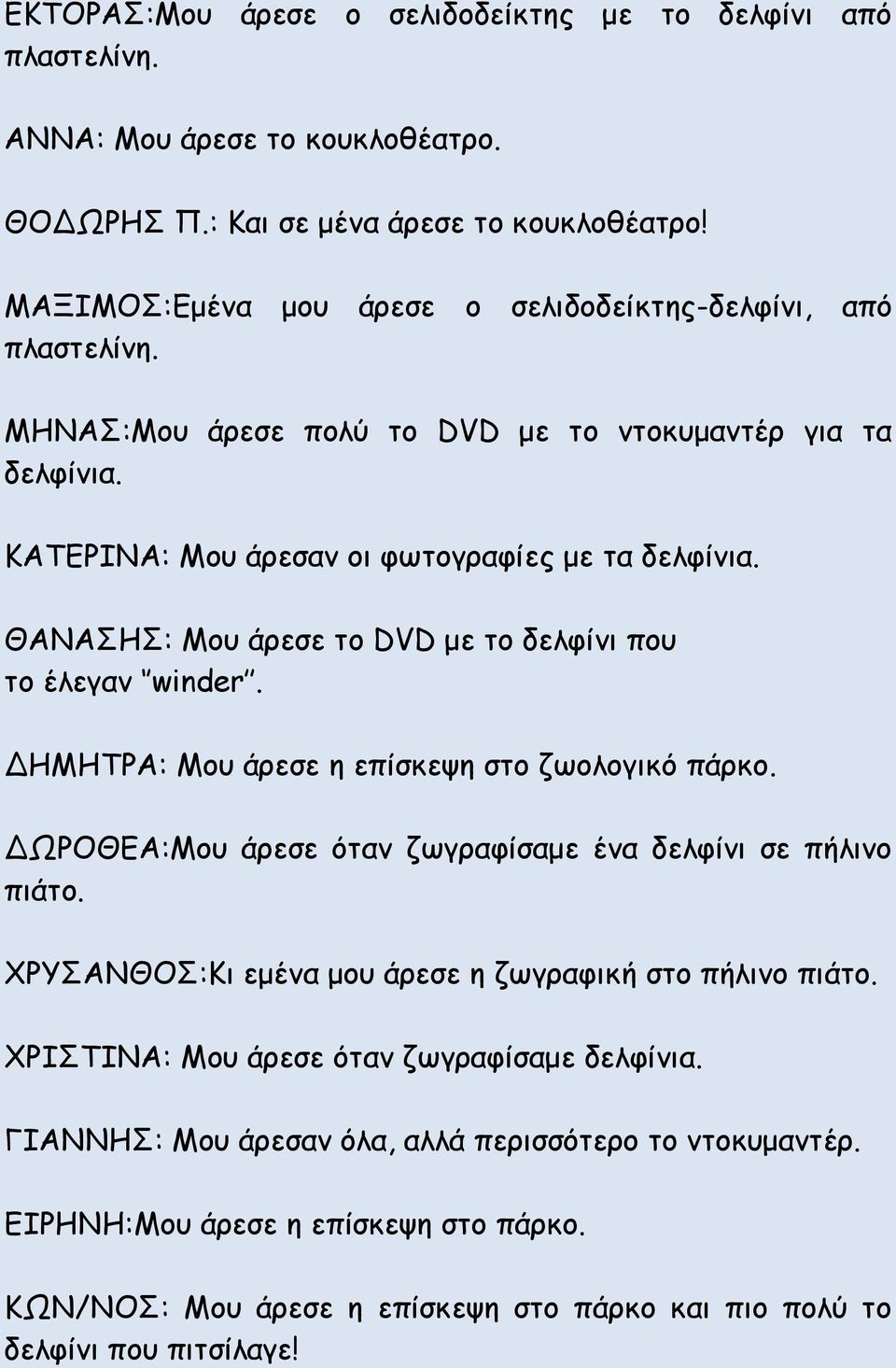 ΘΑΝΑΣΗΣ: Μου άρεσε το DVD με το δελφίνι που το έλεγαν winder. ΔΗΜΗΤΡΑ: Μου άρεσε η επίσκεψη στο ζωολογικό πάρκο. ΔΩΡΟΘΕΑ:Μου άρεσε όταν ζωγραφίσαμε ένα δελφίνι σε πήλινο πιάτο.