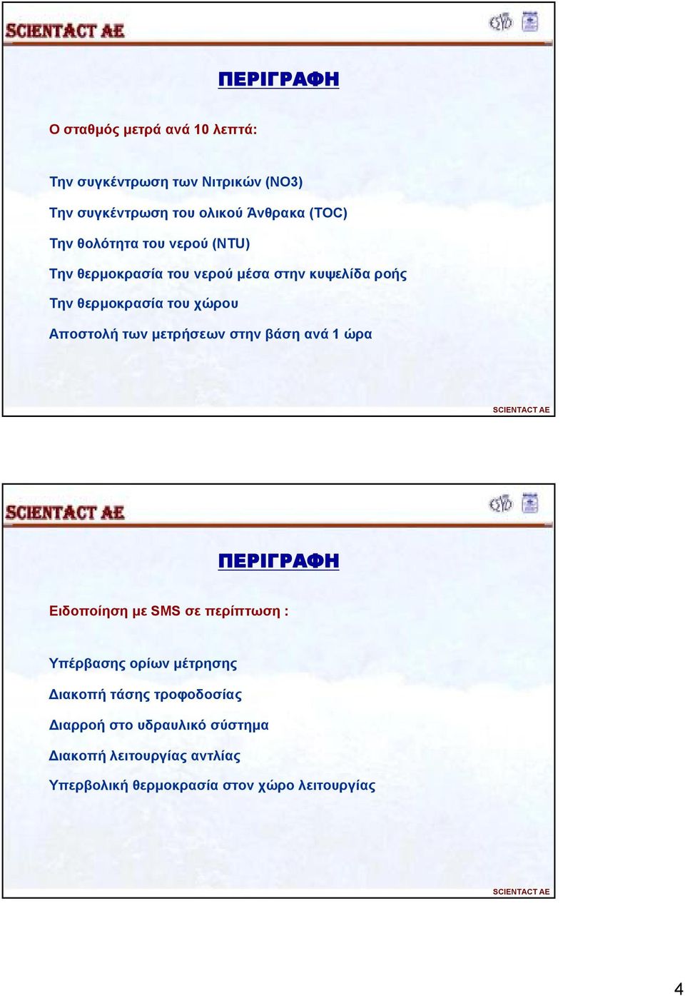 μετρήσεων στην βάση ανά 1 ώρα SCIENTACT AE ΠΕΡΙΓΡΑΦΗ Ειδοποίηση με SMS σε περίπτωση : Υπέρβασης ορίων μέτρησης Διακοπή