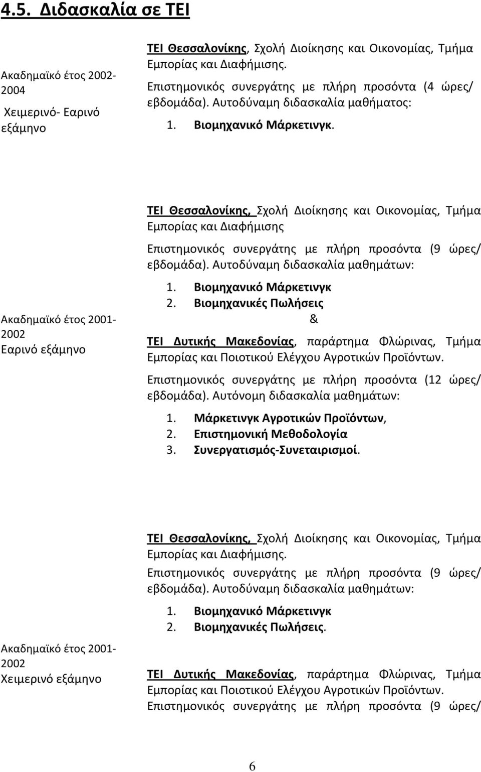 Ακαδημαϊκό έτος 2001-2002 Εαρινό εξάμηνο ΤΕΙ Θεσσαλονίκης, Σχολή Διοίκησης και Οικονομίας, Τμήμα Εμπορίας και Διαφήμισης Επιστημονικός συνεργάτης με πλήρη προσόντα (9 ώρες/ εβδομάδα).