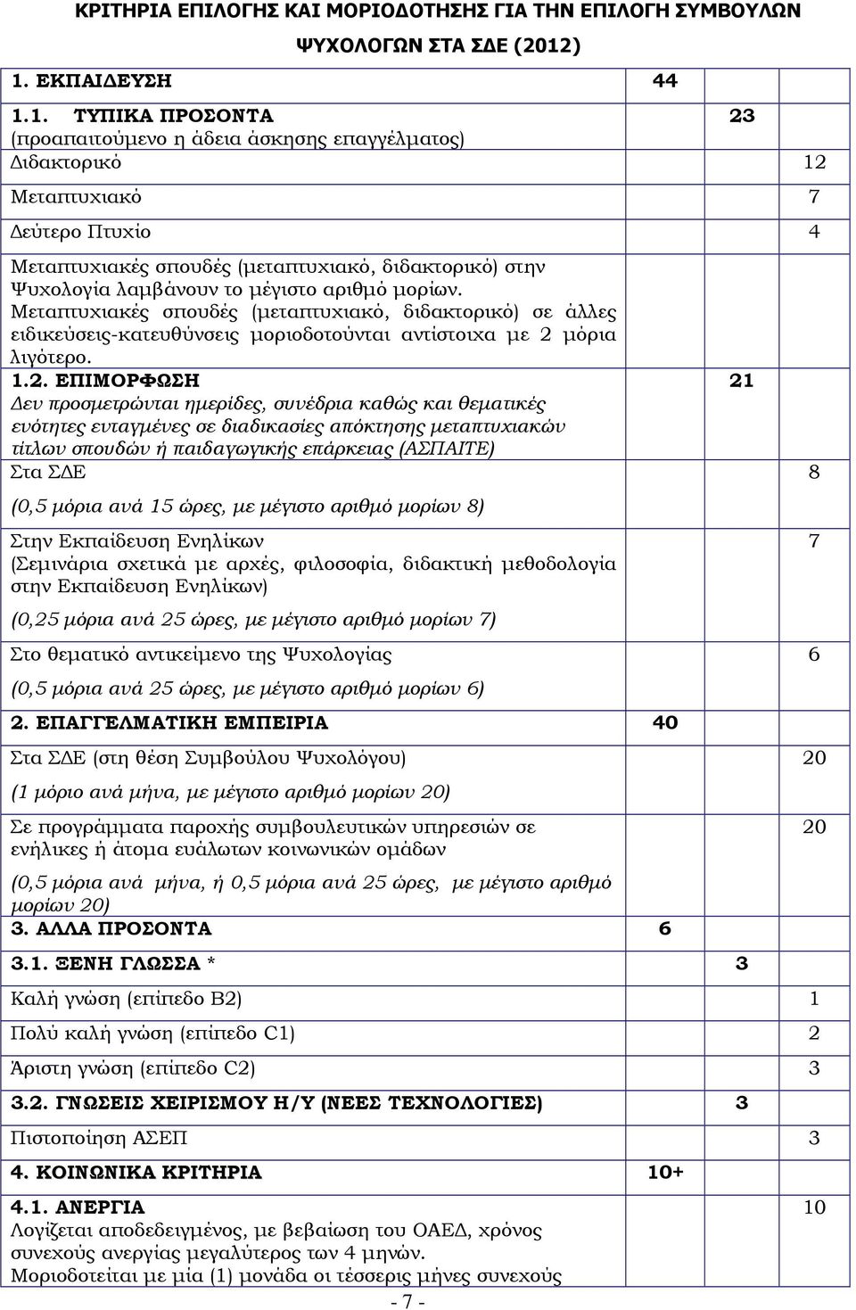 λαµβάνουν το µέγιστο αριθµό µορίων. Μεταπτυχιακές σπουδές (µεταπτυχιακό, διδακτορικό) σε άλλες ειδικεύσεις-κατευθύνσεις µοριοδοτούνται αντίστοιχα µε 2 