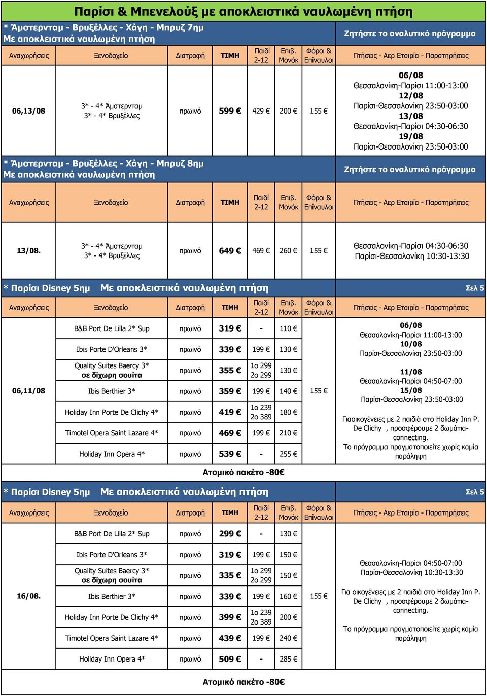 3* - 4* Άμστερνταμ 3* - 4* Βρυξέλλες πρωινό 649 469 260 155 Θεσσαλονίκη-Παρίσι 04:30-06:30 Παρίσι-Θεσσαλονίκη 10:30-13:30 * Παρίσι Disney 5ημ Με αποκλειστικά ναυλωμένη πτήση Β&Β Port De Lilla 2* Sup