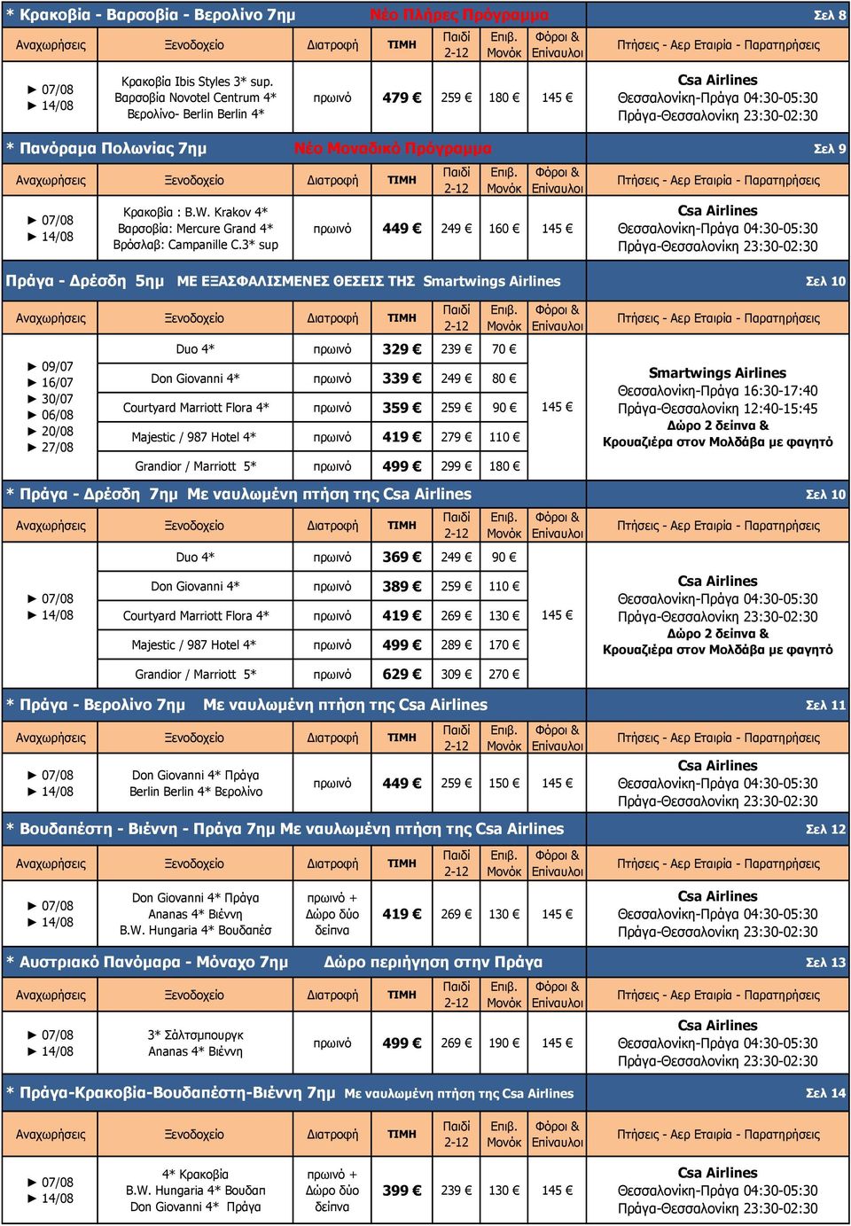 3* sup πρωινό 449 249 160 Πράγα - Δρέσδη 5ημ ΜΕ ΕΞΑΣΦΑΛΙΣΜΕΝΕΣ ΘΕΣΕΙΣ ΤΗΣ Smartwings Airlines 09/07 16/07 30/07 20/08 27/08 Duo 4* πρωινό 329 239 70 Don Giovanni 4* πρωινό 339 249 80 Courtyard
