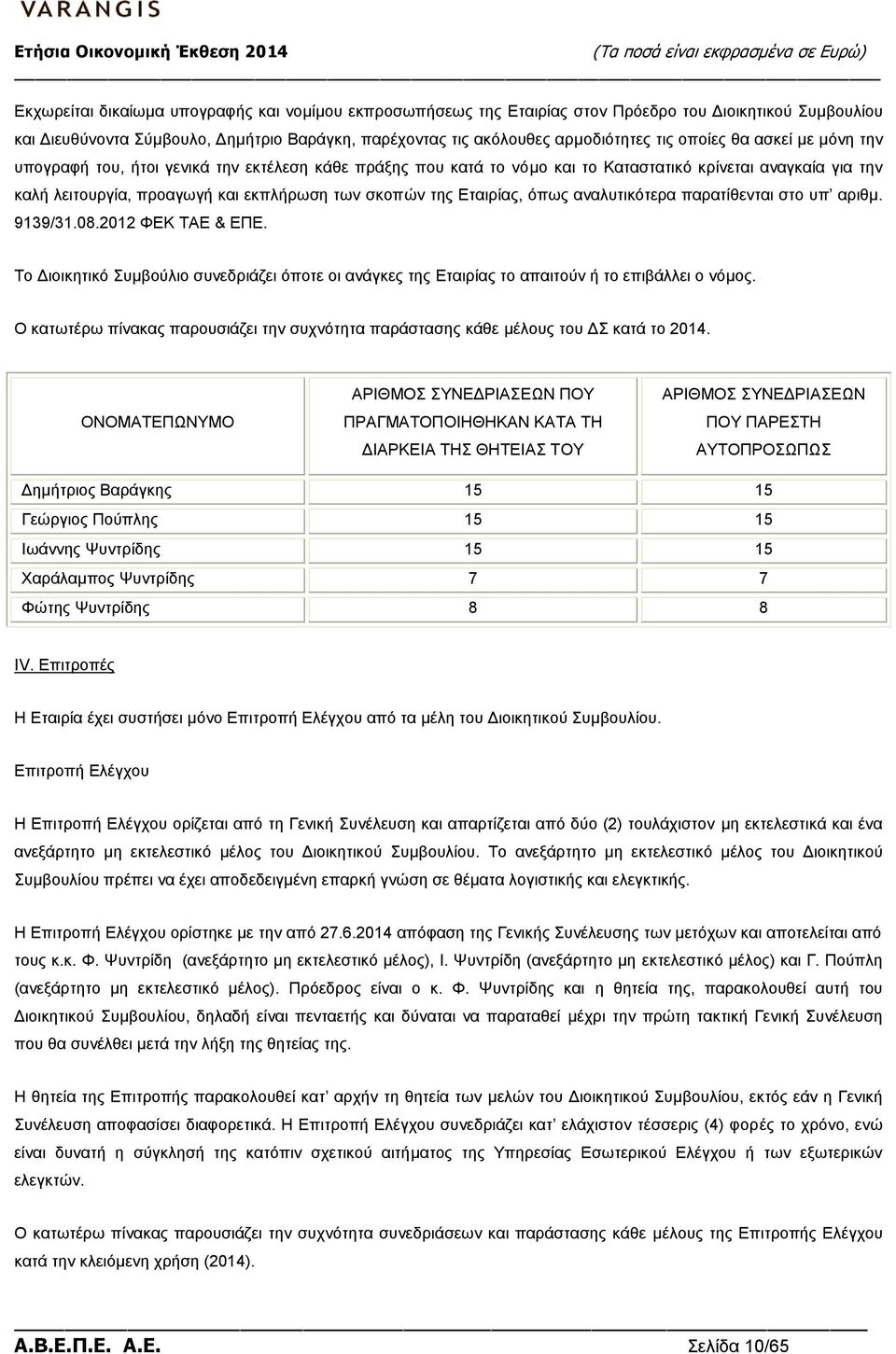 Εταιρίας, όπως αναλυτικότερα παρατίθενται στο υπ αριθμ. 9139/31.08.2012 ΦΕΚ ΤΑΕ & ΕΠΕ. Το Διοικητικό Συμβούλιο συνεδριάζει όποτε οι ανάγκες της Εταιρίας το απαιτούν ή το επιβάλλει ο νόμος.