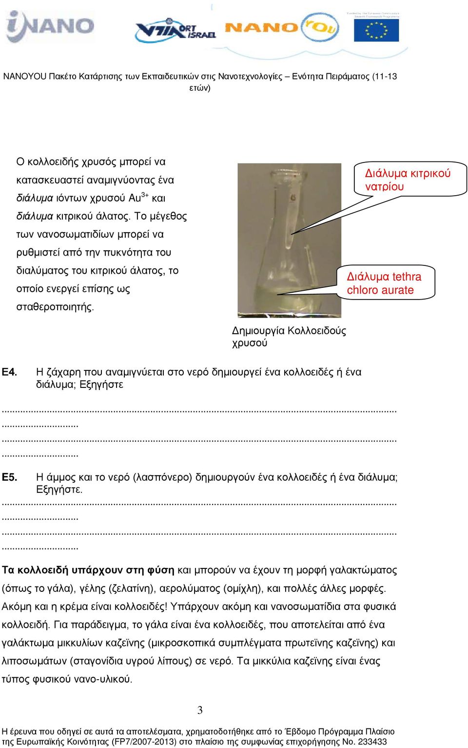 Διάλυμα κιτρικού νατρίου Διάλυμα tethra chloro aurate Δημιουργία Κολλοειδούς χρυσού Ε4. Η ζάχαρη που αναμιγνύεται στο νερό δημιουργεί ένα κολλοειδές ή ένα διάλυμα; Εξηγήστε...... E5.