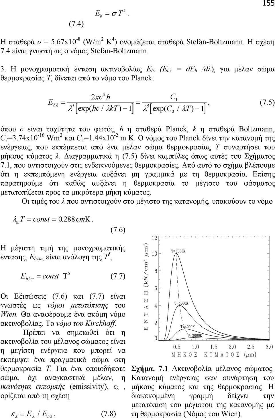 5) όπου c είναι ταχύτητα του φωτός, h η σταθερά Planck, k η σταθερά Boltzmann, C 1 =3.74x10-16 Wm 2 και C 2 =1.44x10-2 m Κ.