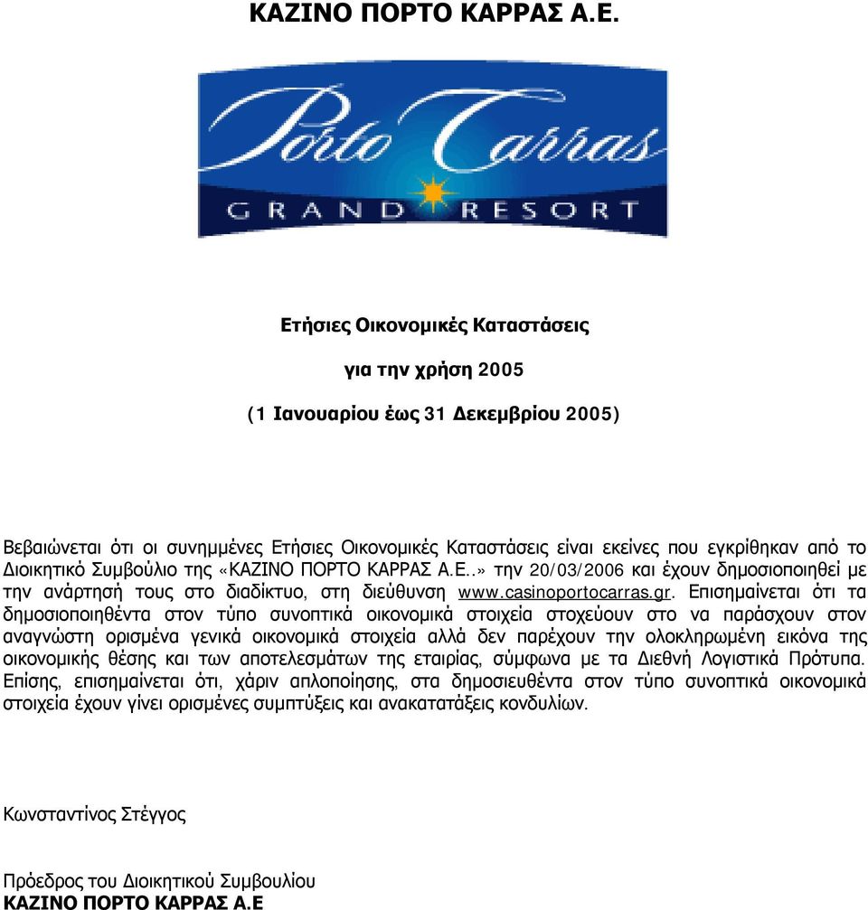 Συμβούλιο της «.» την 20/03/2006 και έχουν δημοσιοποιηθεί με την ανάρτησή τους στο διαδίκτυο, στη διεύθυνση www.casinoportocarras.gr.