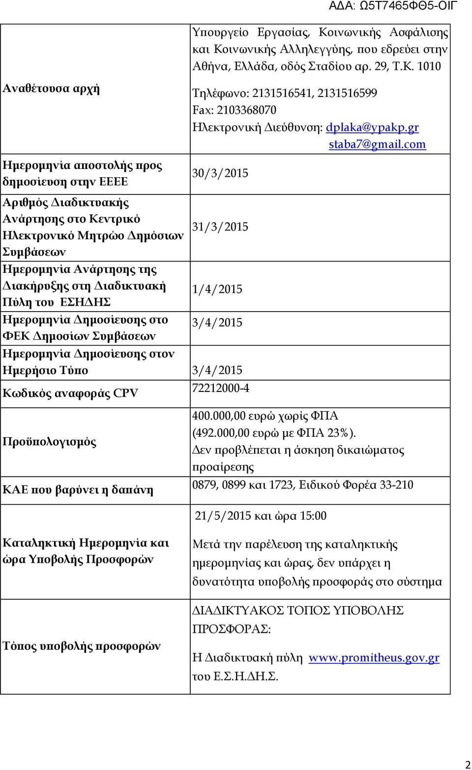 com 30/3/2015 Αριθμός Διαδικτυακής Ανάρτησης στο Κεντρικό Ηλεκτρονικό Μητρώο Δημόσιων Συμβάσεων Ημερομηνία Ανάρτησης της Διακήρυξης στη Διαδικτυακή Πύλη του ΕΣΗΔΗΣ Ημερομηνία Δημοσίευσης στο ΦΕΚ