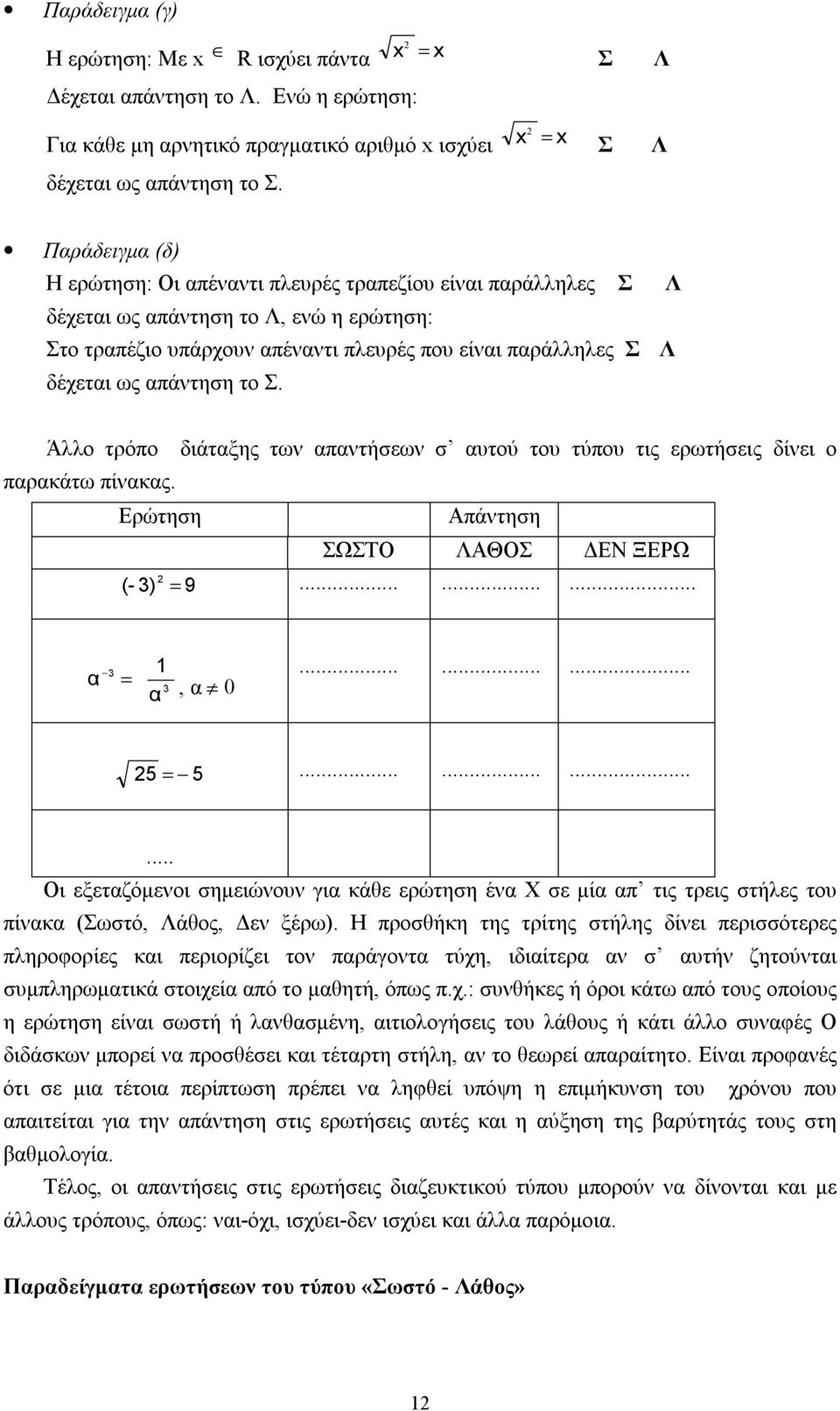 απάντηση το Σ. Άλλο τρόπο διάταξης των απαντήσεων σ αυτού του τύπου τις ερωτήσεις δίνει ο παρακάτω πίνακας. Ερώτηση Απάντηση ΣΩΣΤΟ ΛΑΘΟΣ ΔΕΝ ΞΕΡΩ (- 3) = 9......... α 3 = 1 3 α, α 0......... 5 = 5.