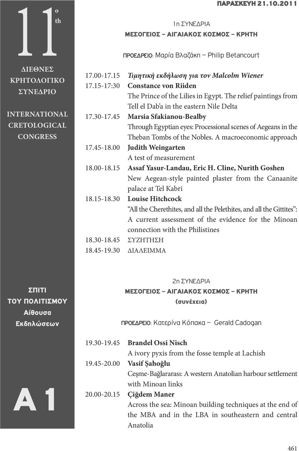 45 Marsia Sfakianu-Bealby Thrugh Egyptian eyes: Prcessinal scenes f Aegeans in e Theban Tmbs f e Nbles. A macrecnmic apprach 17.45-18.00 Judi Weingarten A test f measurement 18.00-18.