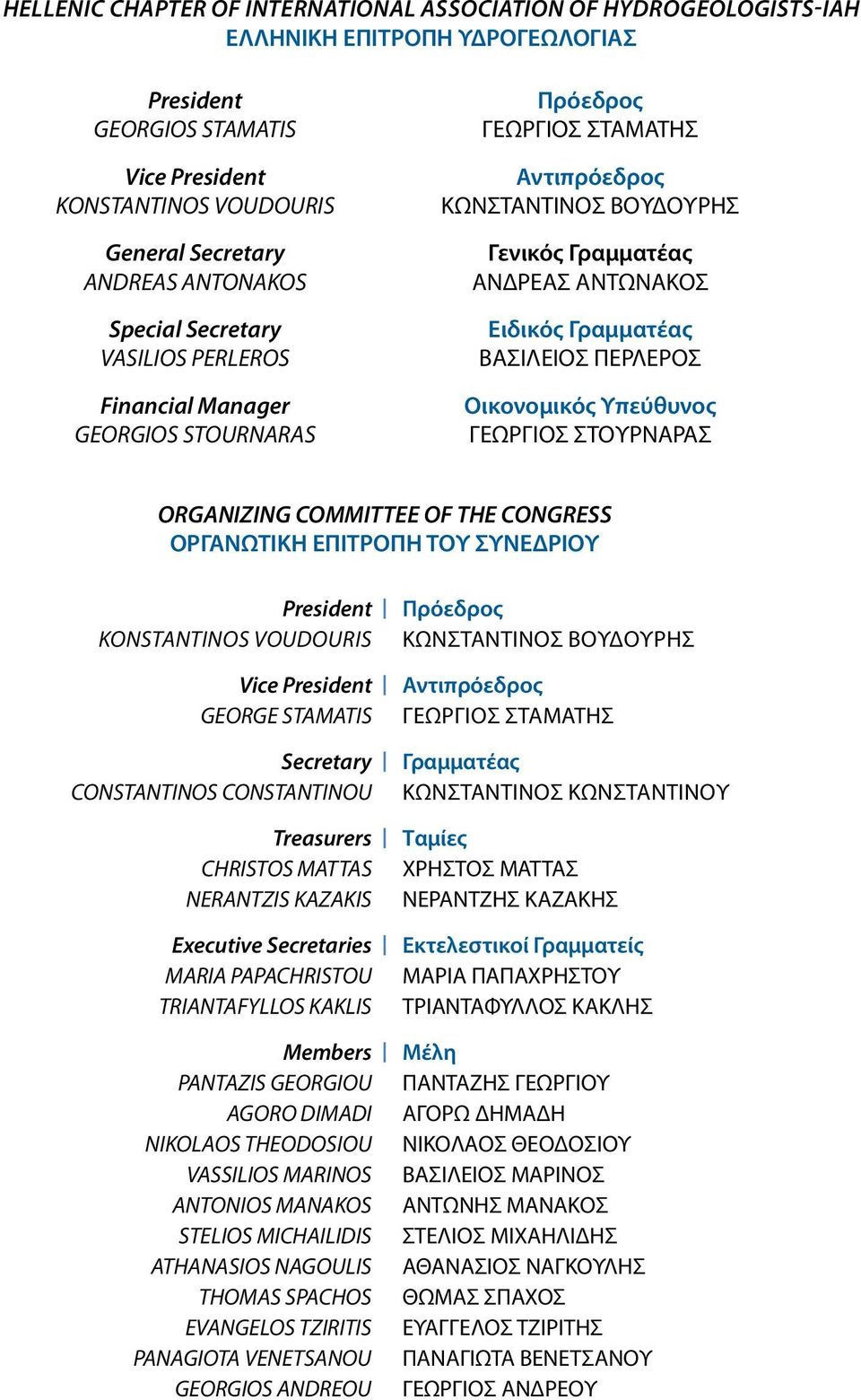 Γραμματέας ΒΑΣΙΛΕΙΟΣ ΠΕΡΛΕΡΟΣ Οικονομικός Υπεύθυνος ΓΕΩΡΓΙΟΣ ΣΤΟΥΡΝΑΡΑΣ organizing COMMITTEE OF THE CONGRESS ΟΡΓΑΝΩΤΙΚΗ ΕΠΙΤΡΟΠΗ ΤΟΥ ΣΥΝΕΔΡΙΟΥ president Πρόεδρος konstantinos VOUDOURIS Κωνσταντίνος