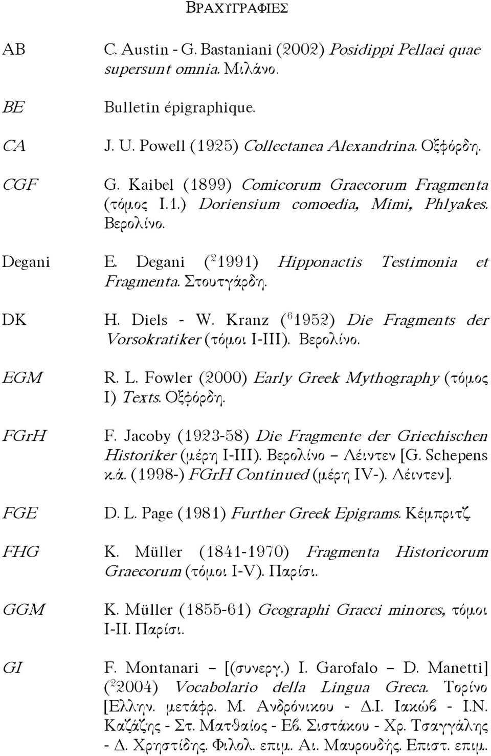 Degani ( 2 1991) Hipponactis Testimonia et Fragmenta. Στουτγάρδη. H. Diels - W. Kranz ( 6 1952) Die Fragments der Vorsokratiker (τόµοι I-III). Βερολίνο. R. L.