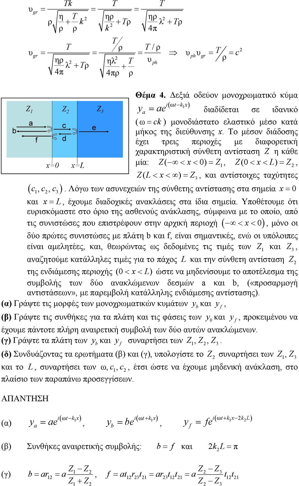 Το µέσον διάδοσης έχει τρεις περιοχές µε διαφορετική χαρακτηριστική σύνθετη αντίσταση Z η κάθε µία: Z( < x< ) = Z1, Z( < x< L) = Z, Z( L< x< ) = Z, και αντίστοιχες ταχύτητες c c c.