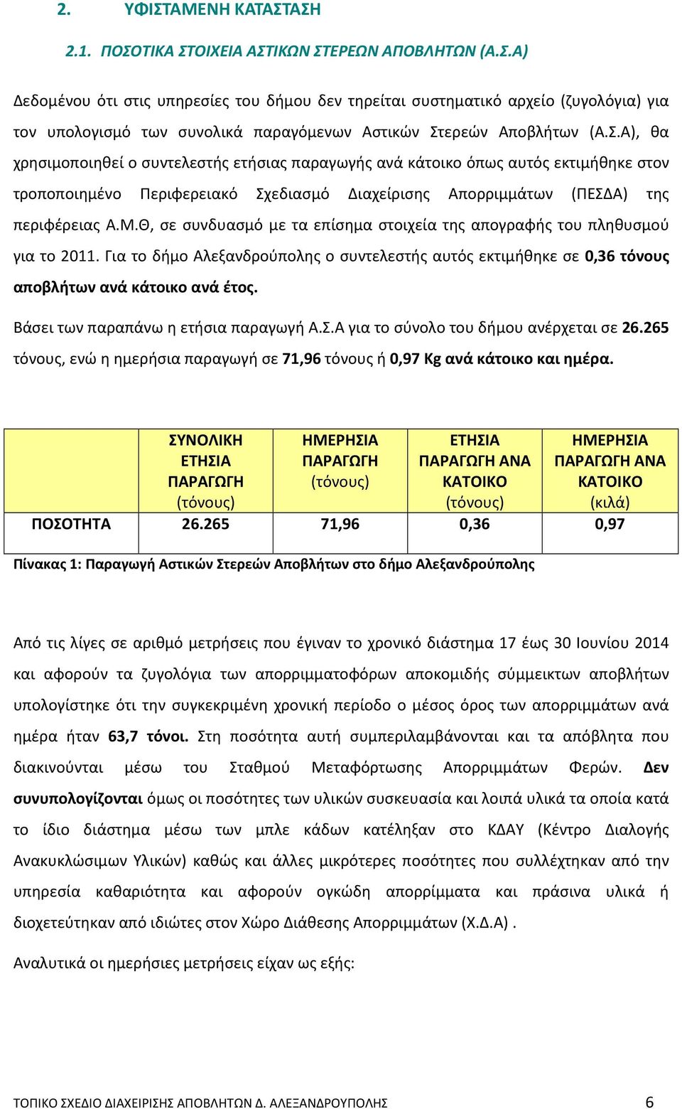 Θ, σε συνδυασμό με τα επίσημα στοιχεία της απογραφής του πληθυσμού για το 2011. Για το δήμο Αλεξανδρούπολης ο συντελεστής αυτός εκτιμήθηκε σε 0,36 τόνους αποβλήτων ανά κάτοικο ανά έτος.