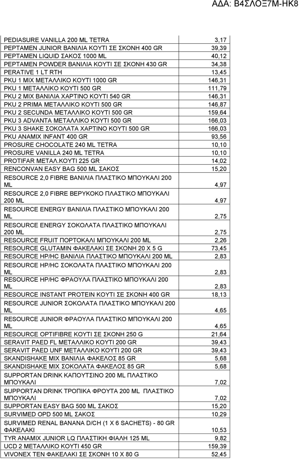 GR 159,64 PKU 3 ADVANTA ΜΕΤΑΛΛΙΚΟ ΚΟΥΤΙ 500 GR 166,03 PKU 3 SHAKE ΣΟΚΟΛΑΤΑ ΧΑΡΤΙΝΟ ΚΟΥΤΙ 500 GR 166,03 PKU ANAMIX INFANT 400 GR 93,56 PROSURE CHOCOLATE 240 ML TETRA 10,10 PROSURE VANILLA 240 ML TETRA