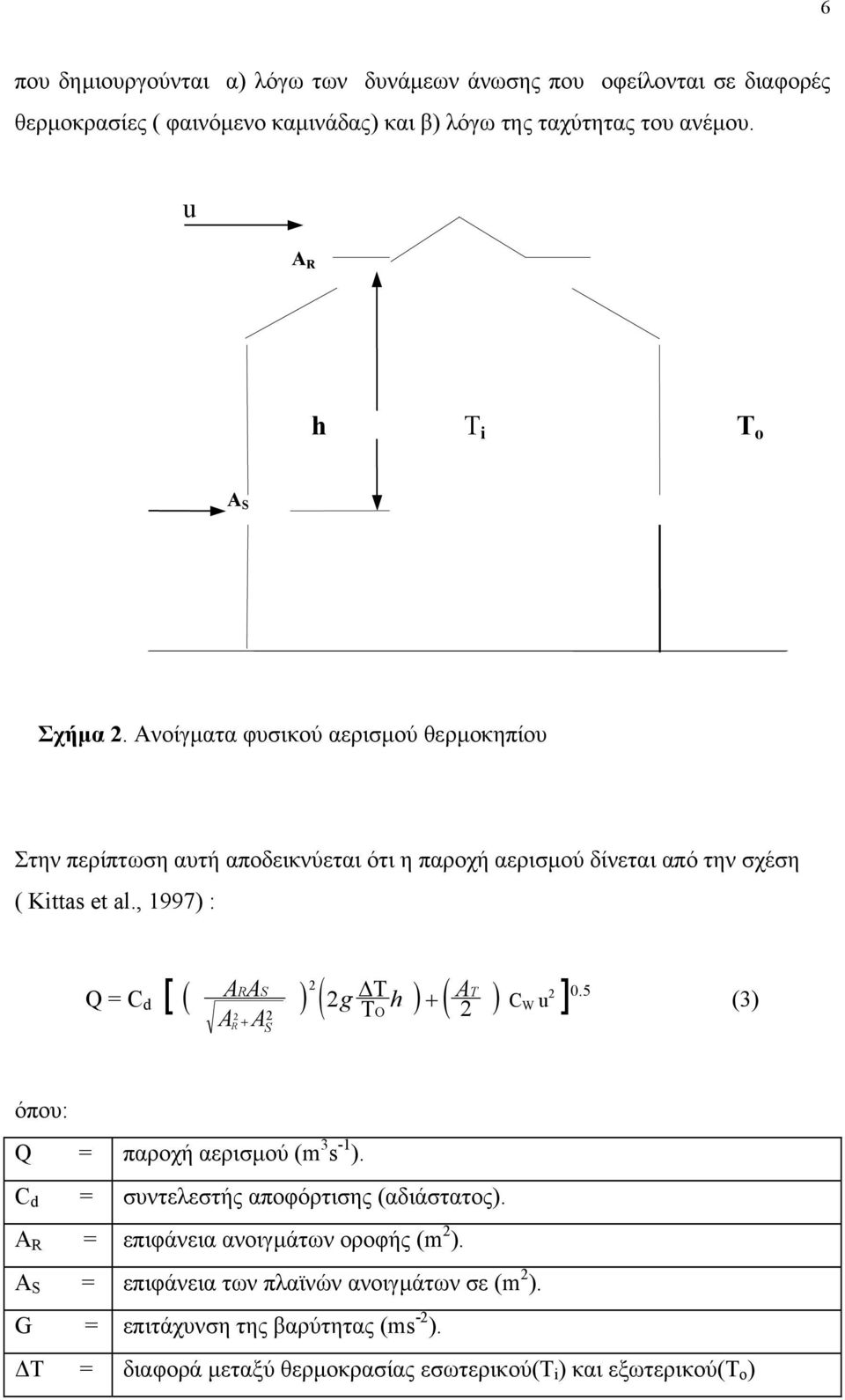 , 1997) : Q = C d [ AA R S g h AT A A R 2 2 S 2 2 2 C W u ] 2 0.5 (3) όπου: Q = παροχή αερισµού (m 3 s -1 ). C d = συντελεστής αποφόρτισης (αδιάστατος).