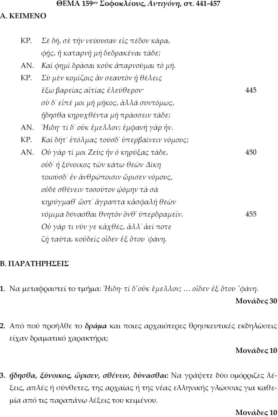 Καὶ δῆτ ἐτόλμας τούσδ ὑπερβαίνειν νόμους; Οὐ γάρ τί μοι Ζεὺς ἦν ὁ κηρύξας τάδε οὐδ ἡ ξύνοικος τῶν κάτω θεῶν Δίκη τοιούσδ ἐν ἀνθρώποισιν ὥρισεν νόμους, οὐδὲ σθένειν τοσοῦτον ᾠόμην τὰ σὰ κηρύγμαθ ὥστ