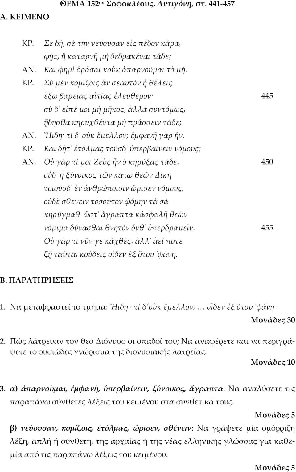 Καὶ δῆτ ἐτόλμας τούσδ ὑπερβαίνειν νόμους; Οὐ γάρ τί μοι Ζεὺς ἦν ὁ κηρύξας τάδε οὐδ ἡ ξύνοικος τῶν κάτω θεῶν Δίκη τοιούσδ ἐν ἀνθρώποισιν ὥρισεν νόμους, οὐδὲ σθένειν τοσοῦτον ᾠόμην τὰ σὰ κηρύγμαθ ὥστ