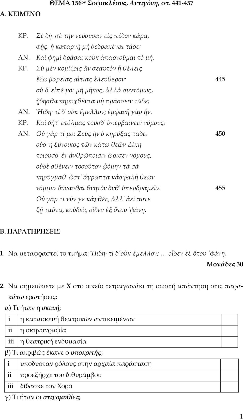 Καὶ δῆτ ἐτόλμας τούσδ ὑπερβαίνειν νόμους; Οὐ γάρ τί μοι Ζεὺς ἦν ὁ κηρύξας τάδε οὐδ ἡ ξύνοικος τῶν κάτω θεῶν Δίκη τοιούσδ ἐν ἀνθρώποισιν ὥρισεν νόμους, οὐδὲ σθένειν τοσοῦτον ᾠόμην τὰ σὰ κηρύγμαθ ὥστ