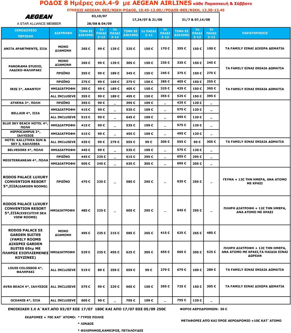 235 335 150 245 355 99 189 345 150 245 375 150 275 IRIS 3*, ΑΦΑΝΤΟΥ 275 99 169 375 150 285 405 150 255 ΗΜΙ 295 99 189 405 150 325 435 150 365 ALL INCLUSIVE 355 99 189 495 150 355 525 150 395 ATHENA