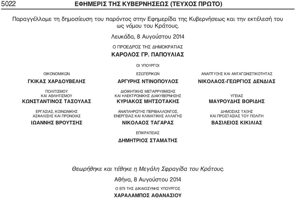 ΠΑΠΟΥΛΙΑΣ ΟΙ ΥΠΟΥΡΓΟΙ ΟΙΚΟΝΟΜΙΚΩΝ ΕΣΩΤΕΡΙΚΩΝ ΑΝΑΠΤΥΞΗΣ ΚΑΙ ΑΝΤΑΓΩΝΙΣΤΙΚΟΤΗΤΑΣ ΓΚΙΚΑΣ ΧΑΡΔΟΥΒΕΛΗΣ ΑΡΓΥΡΗΣ ΝΤΙΝΟΠΟΥΛΟΣ ΝΙΚΟΛΑΟΣ ΓΕΩΡΓΙΟΣ ΔΕΝΔΙΑΣ ΠΟΛΙΤΙΣΜΟΥ ΔΙΟΙΚΗΤΙΚΗΣ ΜΕΤΑΡΡΥΘΜΙΣΗΣ ΚΑΙ ΑΘΛΗΤΙΣΜΟΥ ΚΑΙ