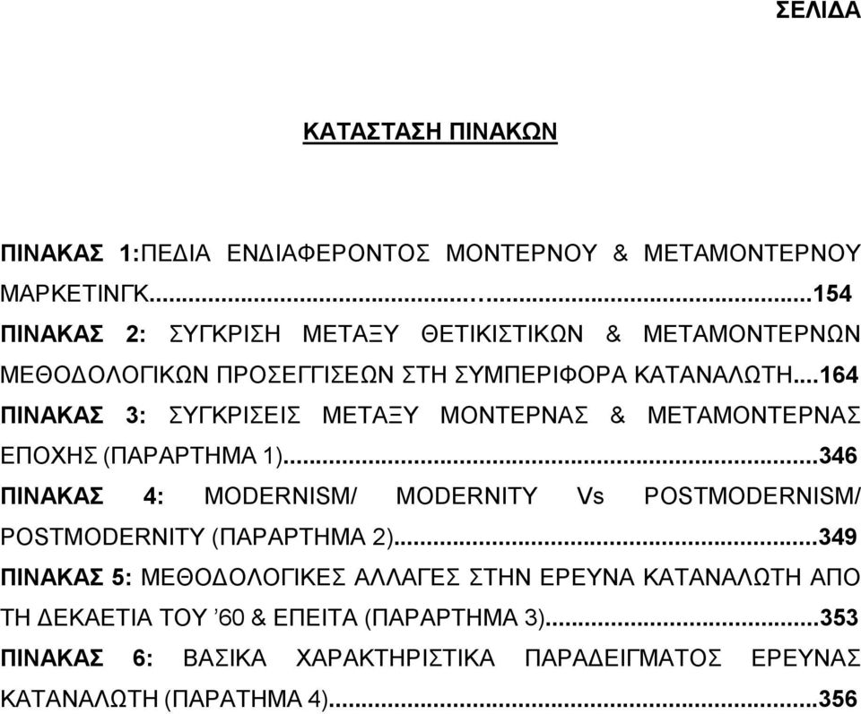 ..164 ΠΙΝΑΚΑΣ 3: ΣΥΓΚΡΙΣΕΙΣ ΜΕΤΑΞΥ ΜΟΝΤΕΡΝΑΣ & ΜΕΤΑΜΟΝΤΕΡΝΑΣ ΕΠΟΧΗΣ (ΠΑΡΑΡΤΗΜΑ 1).