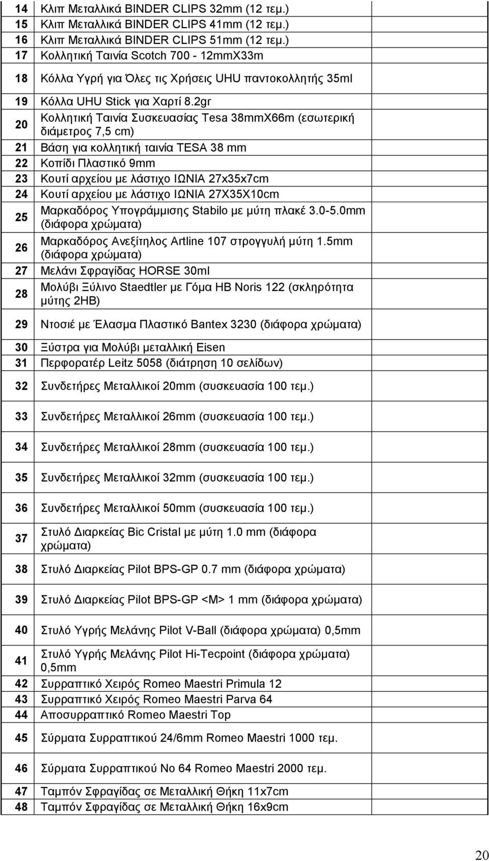 2gr Κολλητική Ταινία Συσκευασίας Tesa 38mmX66m (εσωτερική 20 διάµετρος 7,5 cm) 21 Βάση για κολλητική ταινία TESA 38 mm 22 Κοπίδι Πλαστικό 9mm 23 Κουτί αρχείου µε λάστιχο ΙΩΝΙΑ 27x35x7cm 24 Κουτί