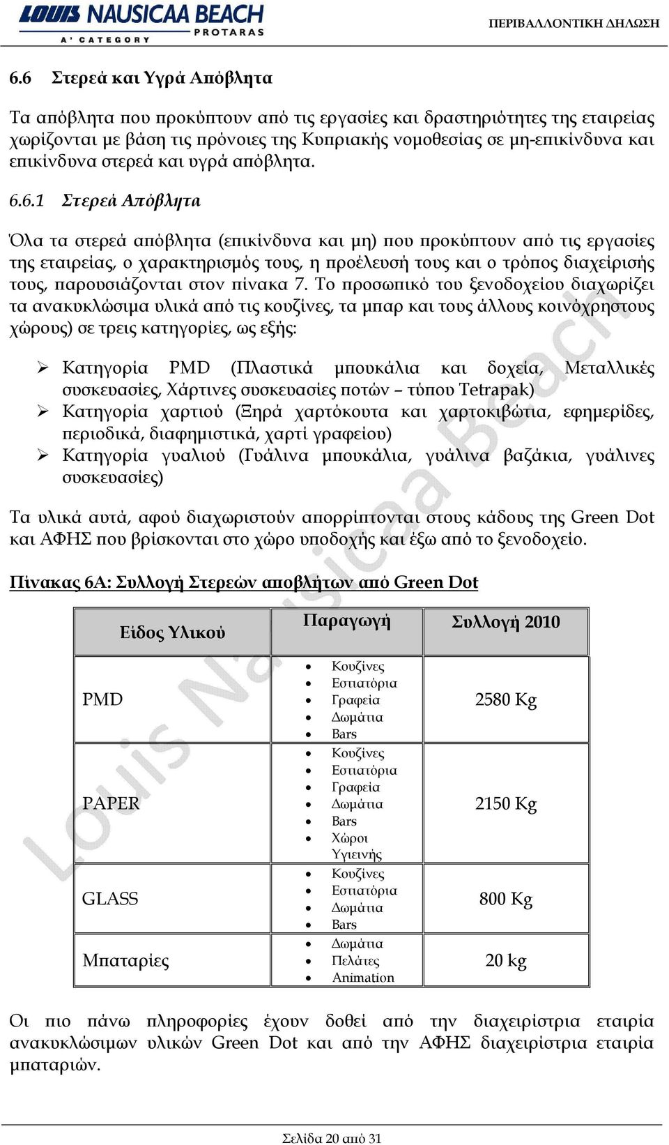 6.1 Στερεά Απόβλητα Όλα τα στερεά απόβλητα (επικίνδυνα και μη) που προκύπτουν από τις εργασίες της εταιρείας, ο χαρακτηρισμός τους, η προέλευσή τους και ο τρόπος διαχείρισής τους, παρουσιάζονται στον