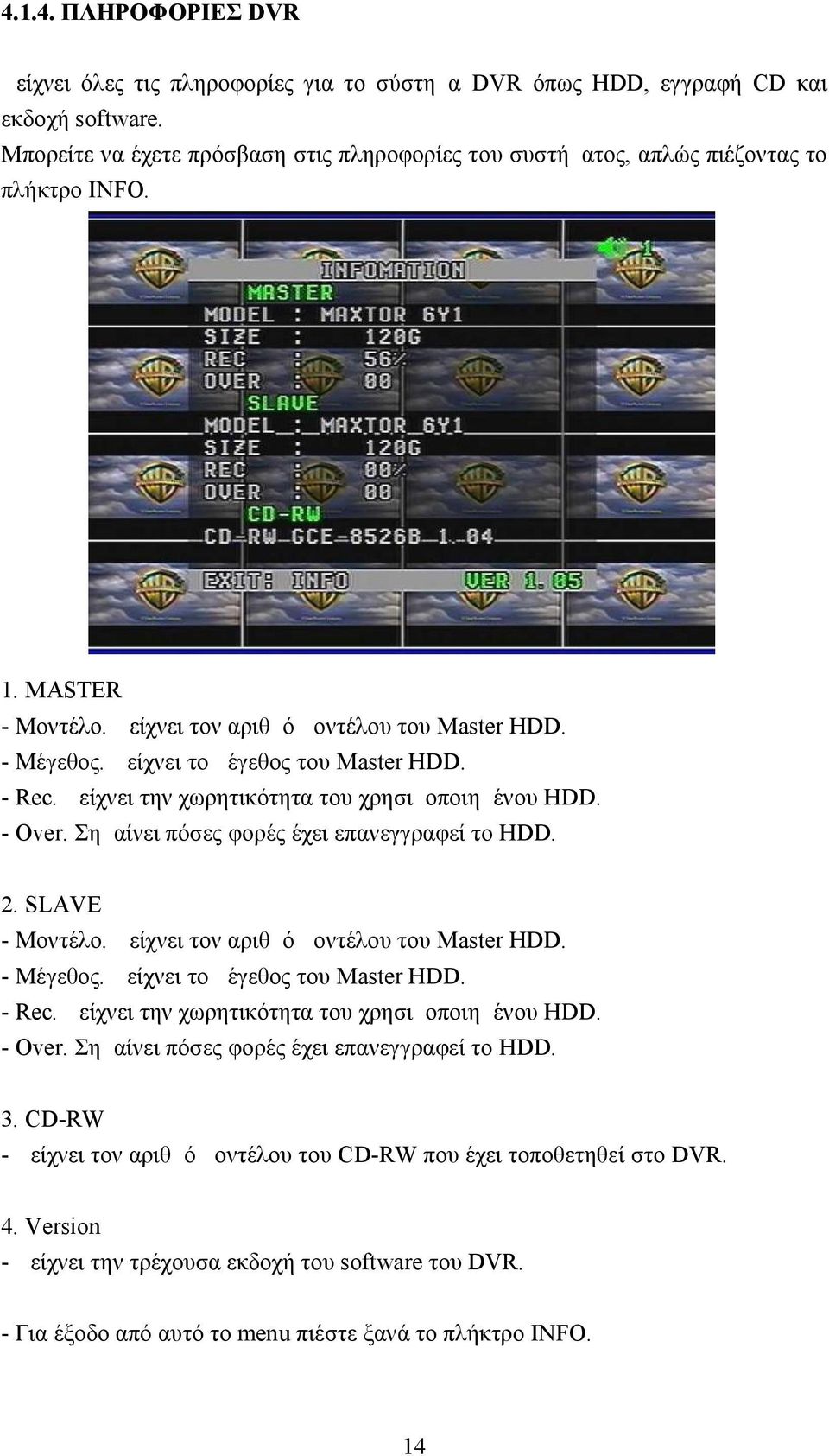 Δείχνει το μέγεθος του Master HDD. - Rec. Δείχνει την χωρητικότητα του χρησιμοποιημένου HDD. - Over. Σημαίνει πόσες φορές έχει επανεγγραφεί το HDD. 2. SLAVE - Μοντέλο.
