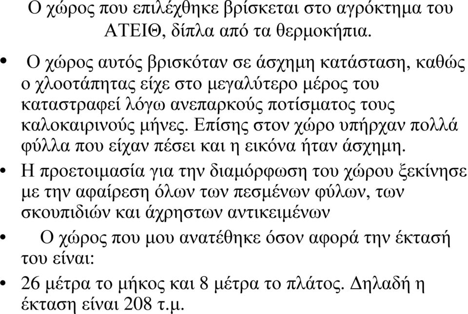 καλοκαιρινούς µήνες. Επίσης στον χώρο υπήρχαν πολλά φύλλα που είχαν πέσει και η εικόνα ήταν άσχηµη.