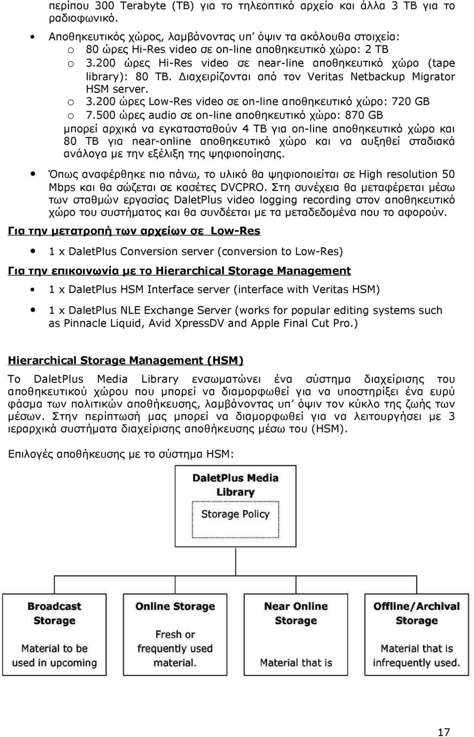 Διαχειρίζονται από τον Veritas Netbackup Migrator HSM server. o 3.200 ώρες Low-Res video σε on-line αποθηκευτικό χώρο: 720 GB o 7.