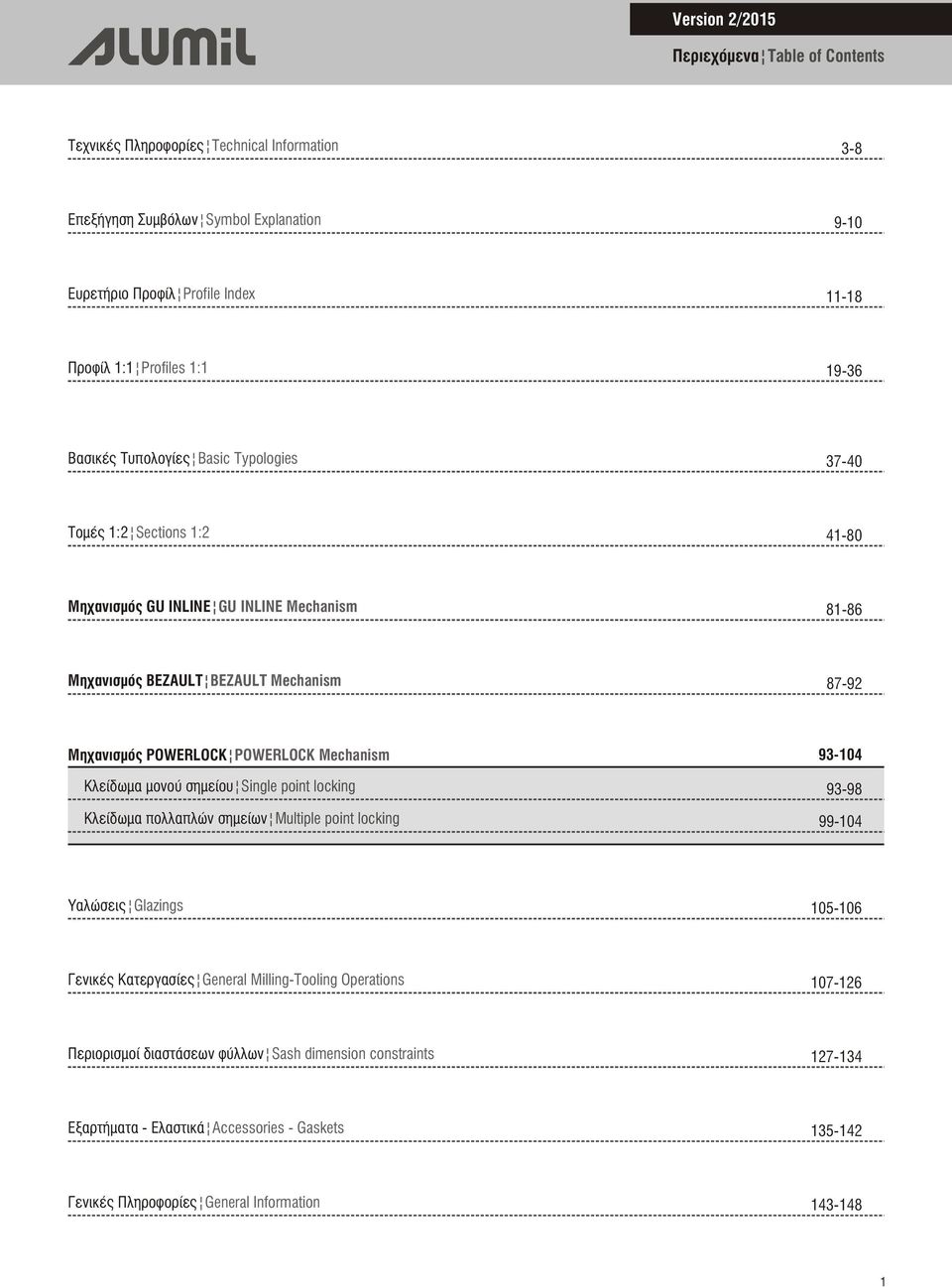 POWERLOCK Mechanism 93-104 Κλείδωμα μονού σημείου Single point locking 93-98 Κλείδωμα πολλαπλών σημείων Multiple point locking 99-104 Υαλώσεις Glazings 105-106 Γενικές Κατεργασίες General