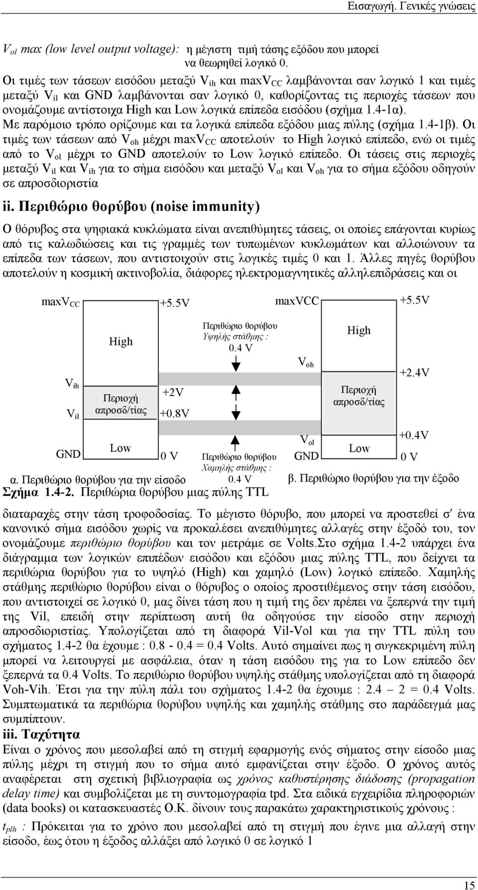 και Low λογικά επίπεδα εισόδου (σχήµα 1.4-1α). Με παρόµοιο τρόπο ορίζουµε και τα λογικά επίπεδα εξόδου µιας πύλης (σχήµα 1.4-1β).