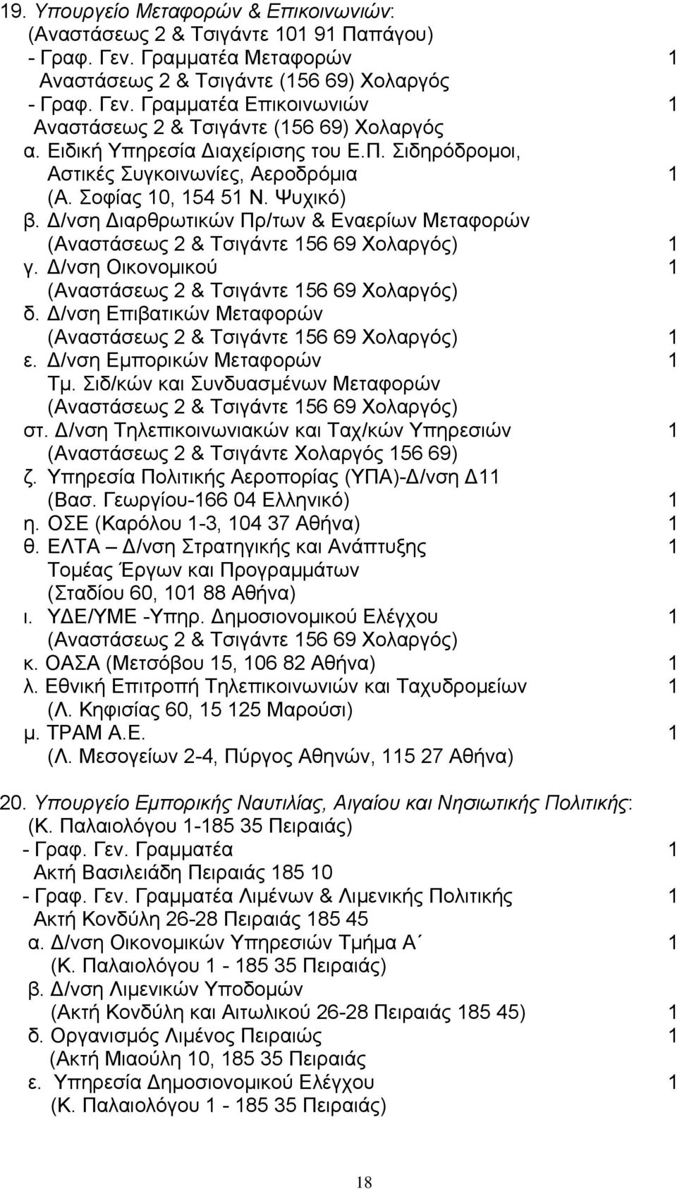 Δ/νση Διαρθρωτικών Πρ/των & Εναερίων Μεταφορών (Αναστάσεως 2 & Τσιγάντε 156 69 Χολαργός) 1 γ. Δ/νση Οικονομικού 1 (Αναστάσεως 2 & Τσιγάντε 156 69 Χολαργός) δ.