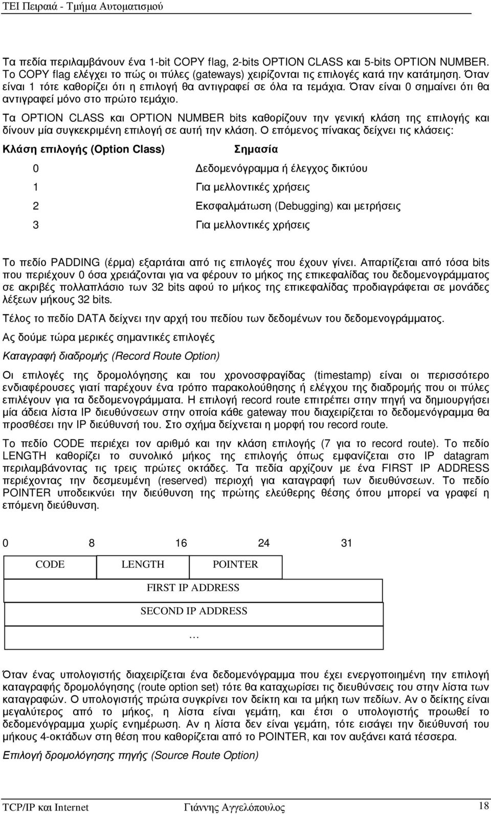 Τα OPTION CLASS και OPTION NUMBER bits καθορίζουν την γενική κλάση της επιλογής και δίνουν µία συγκεκριµένη επιλογή σε αυτή την κλάση.